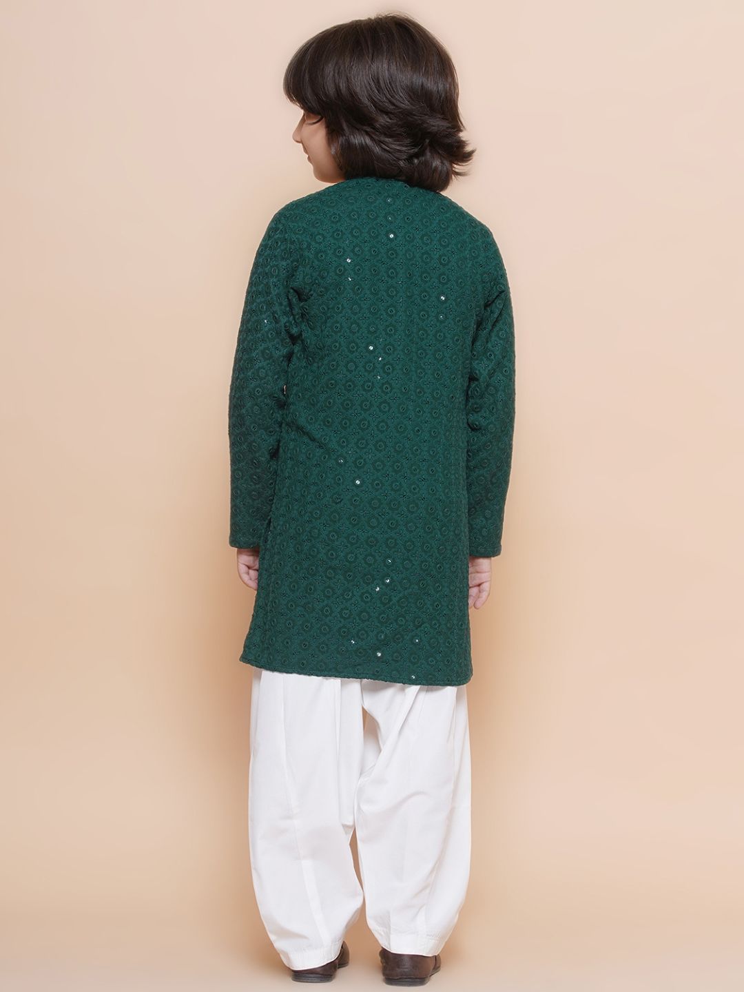 Teal Green Sequence Embroidery Cotton Blend Kurta Pyjama With Multicolor Dupatta Set For Boys
