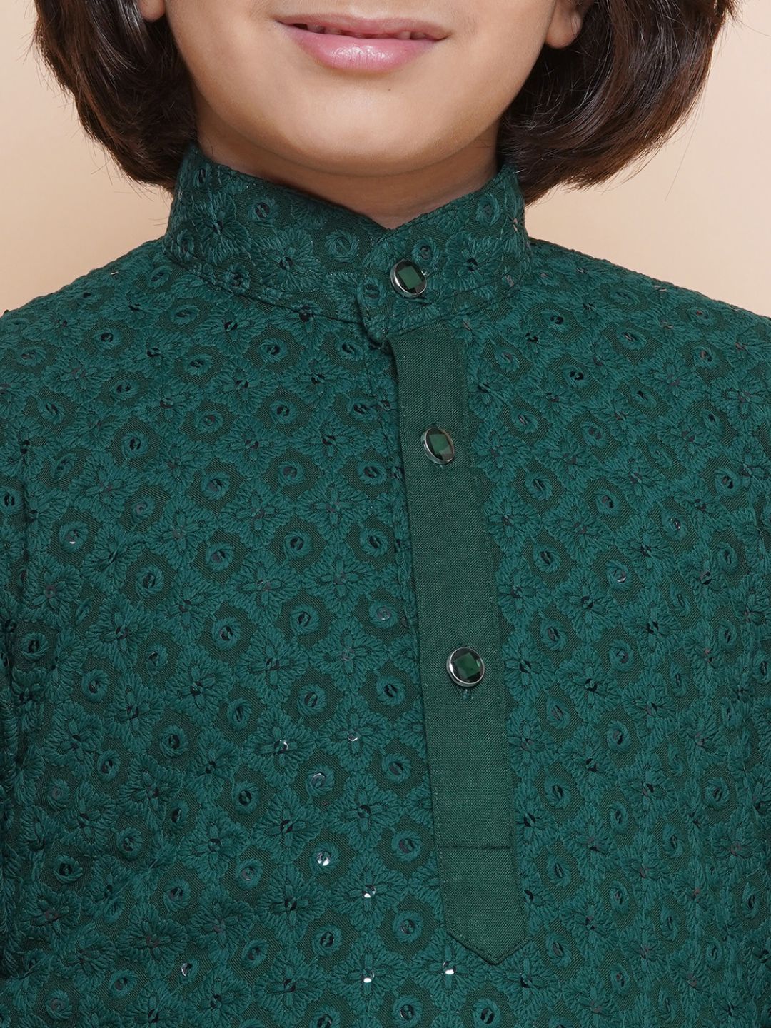 Teal Green Sequence Embroidery Cotton Blend Kurta Pyjama With Multicolor Dupatta Set For Boys