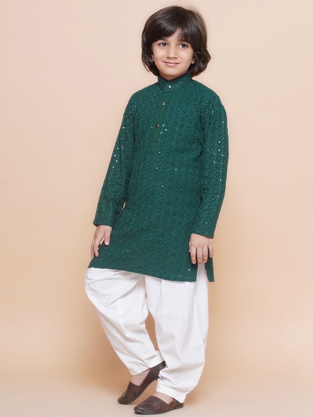 Teal Green Sequence Embroidery Cotton Blend Kurta Pyjama With Multicolor Dupatta Set For Boys