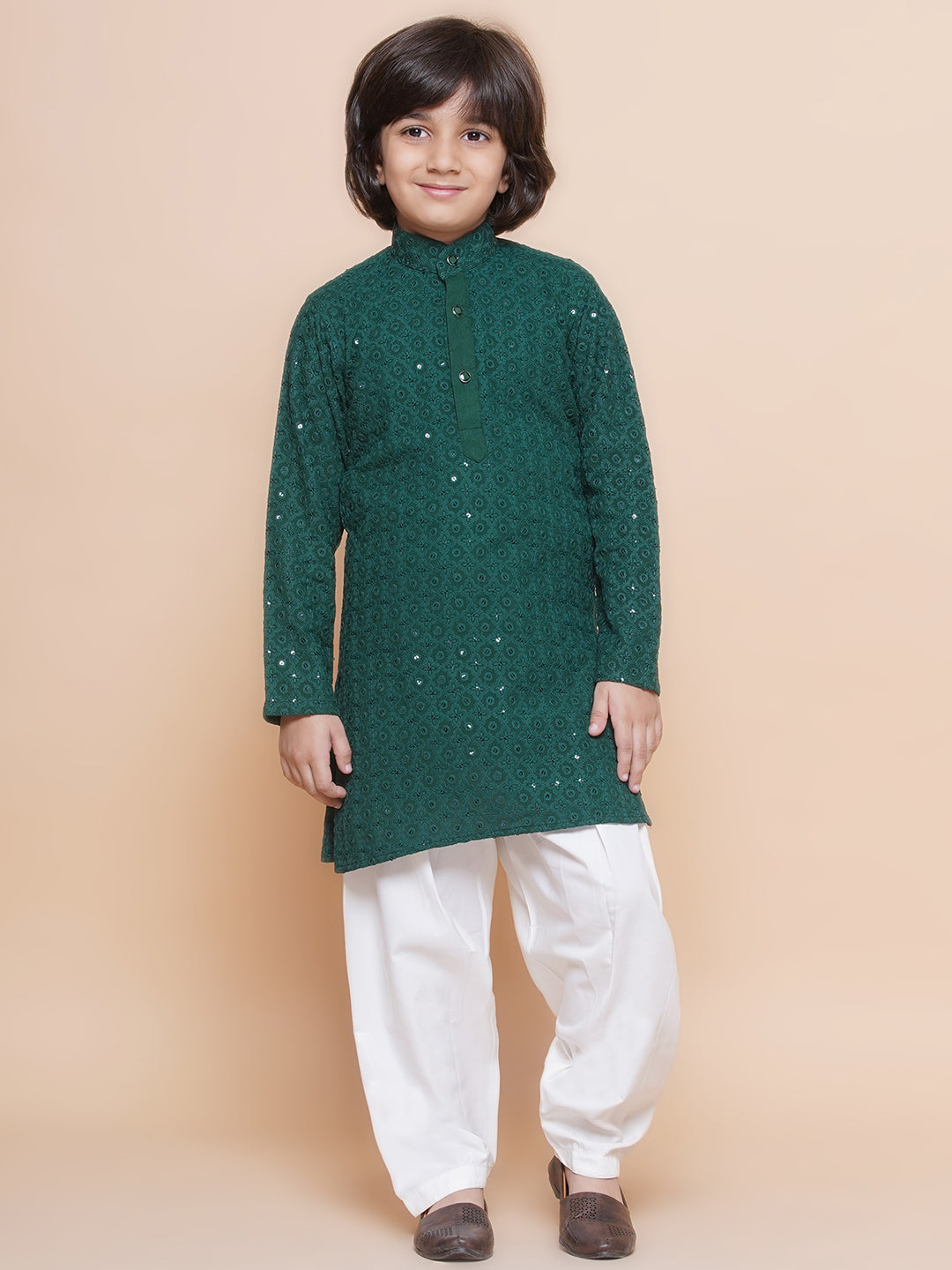 Teal Green Sequence Embroidery Cotton Blend Kurta Pyjama With Multicolor Dupatta Set For Boys