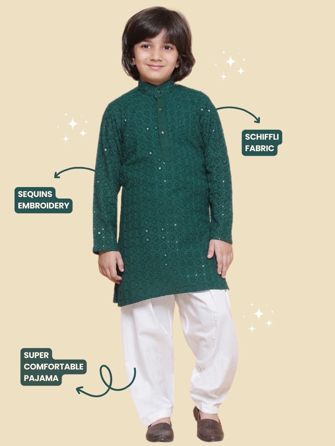 Kids Boys Teal Green Embroidered Cotton Kurta Pyjama Set - AJ Dezines
