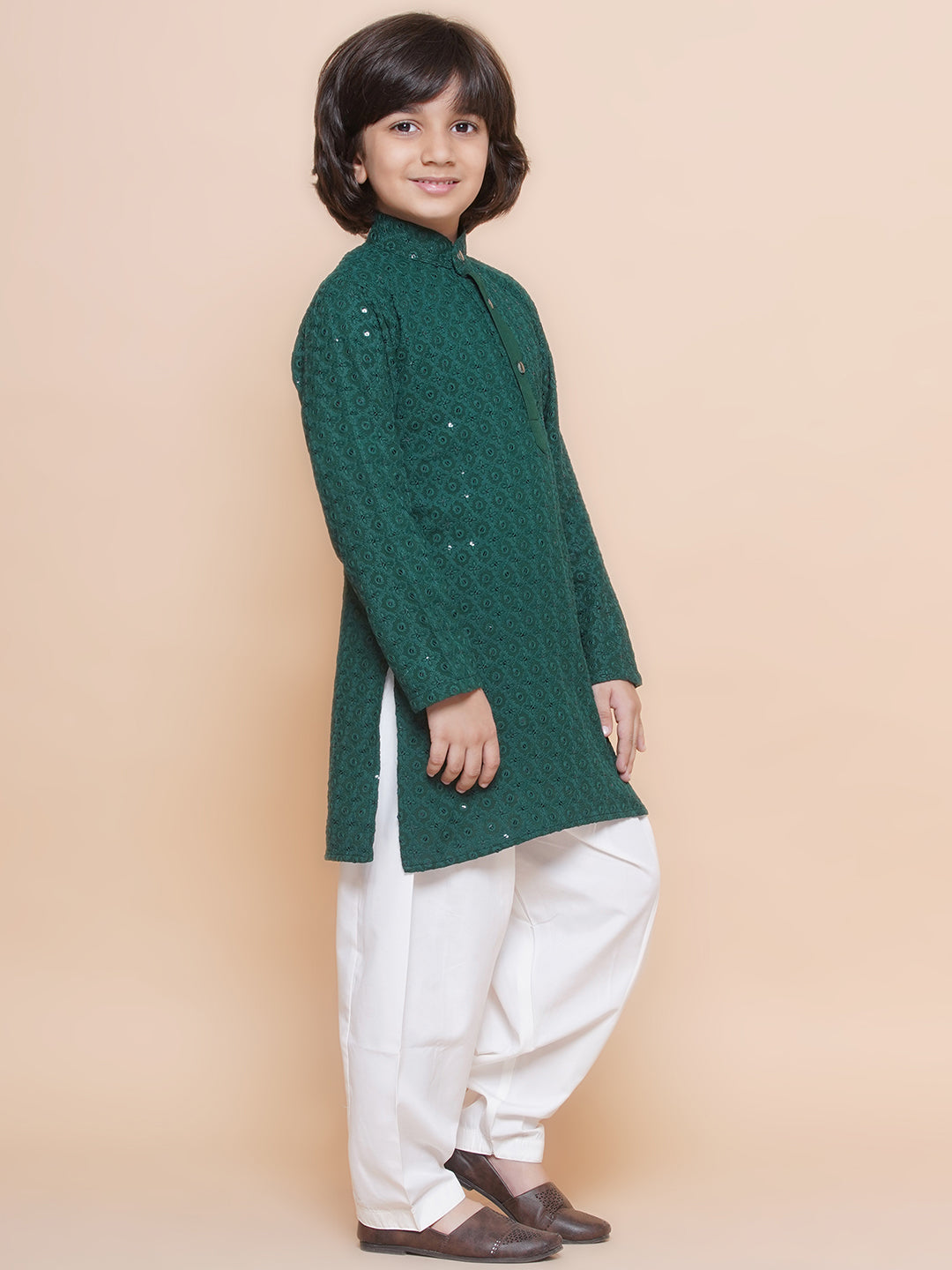 Kids Boys Teal Green Embroidered Cotton Kurta Pyjama Set - AJ Dezines