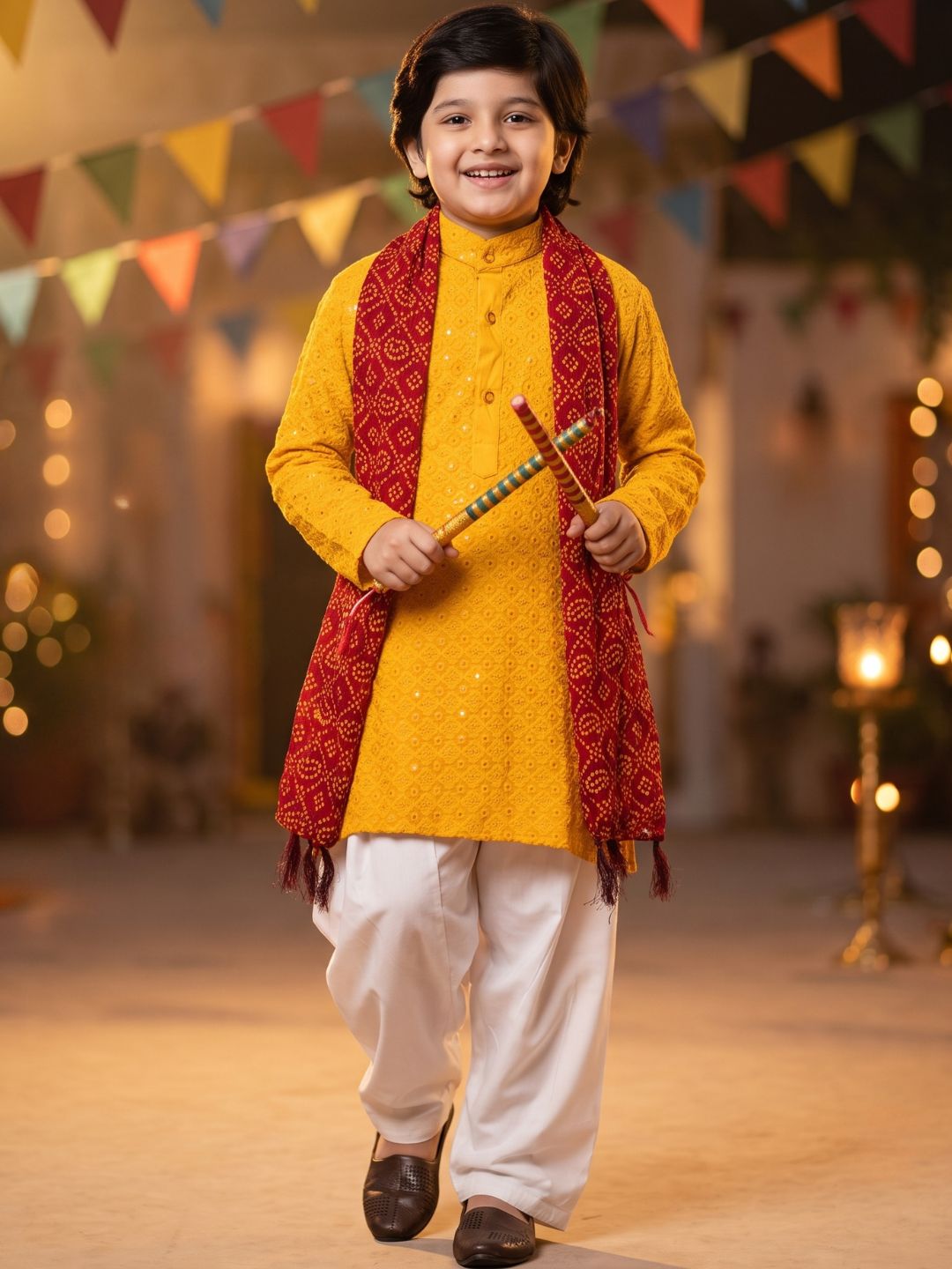 Yellow Sequence Embroidery Cotton Blend Kurta Pyjama With Maroon Dupatta Set For Boys