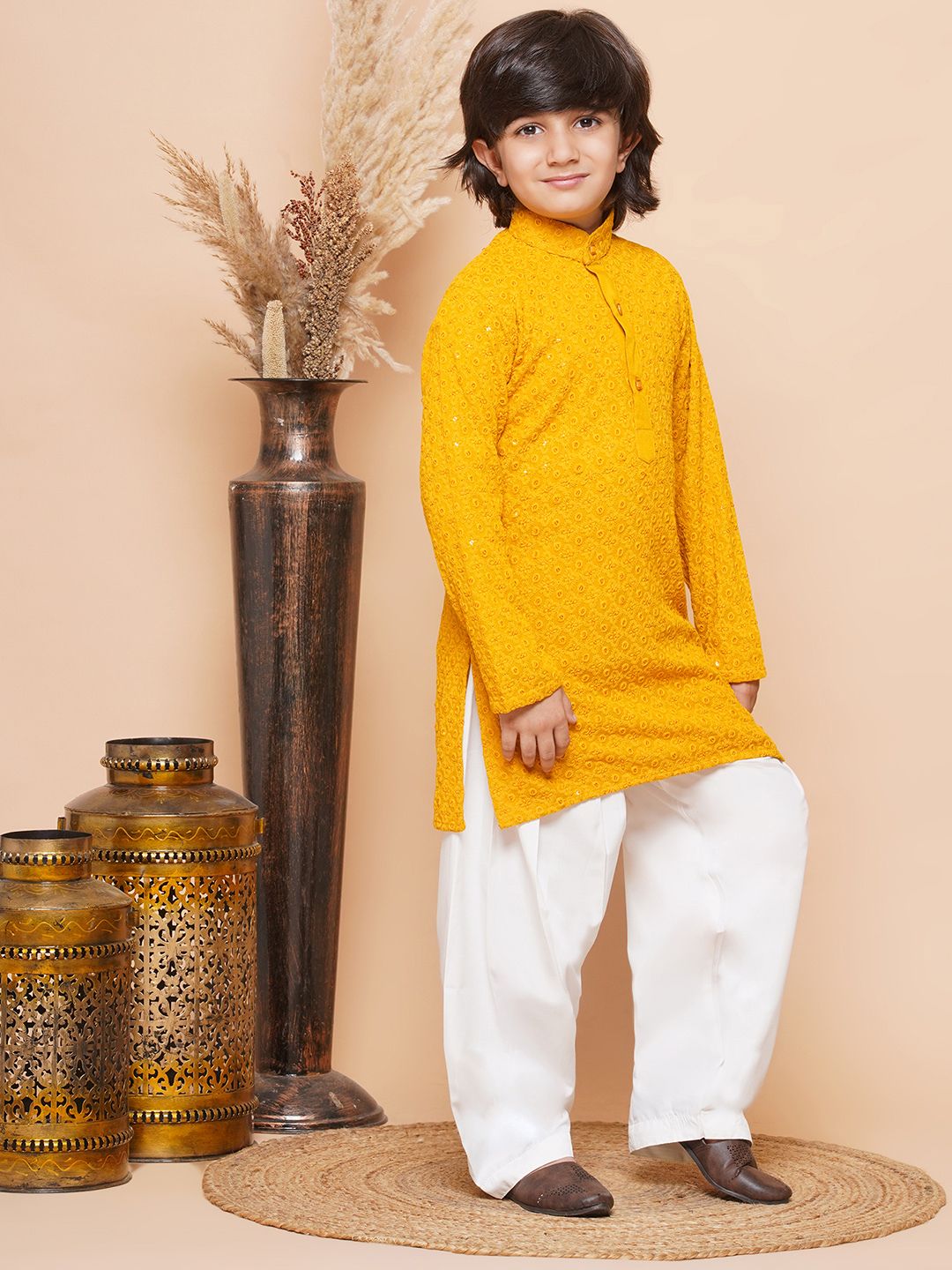 Yellow Sequence Embroidery Cotton Blend Kurta Pyjama With Maroon Dupatta Set For Boys
