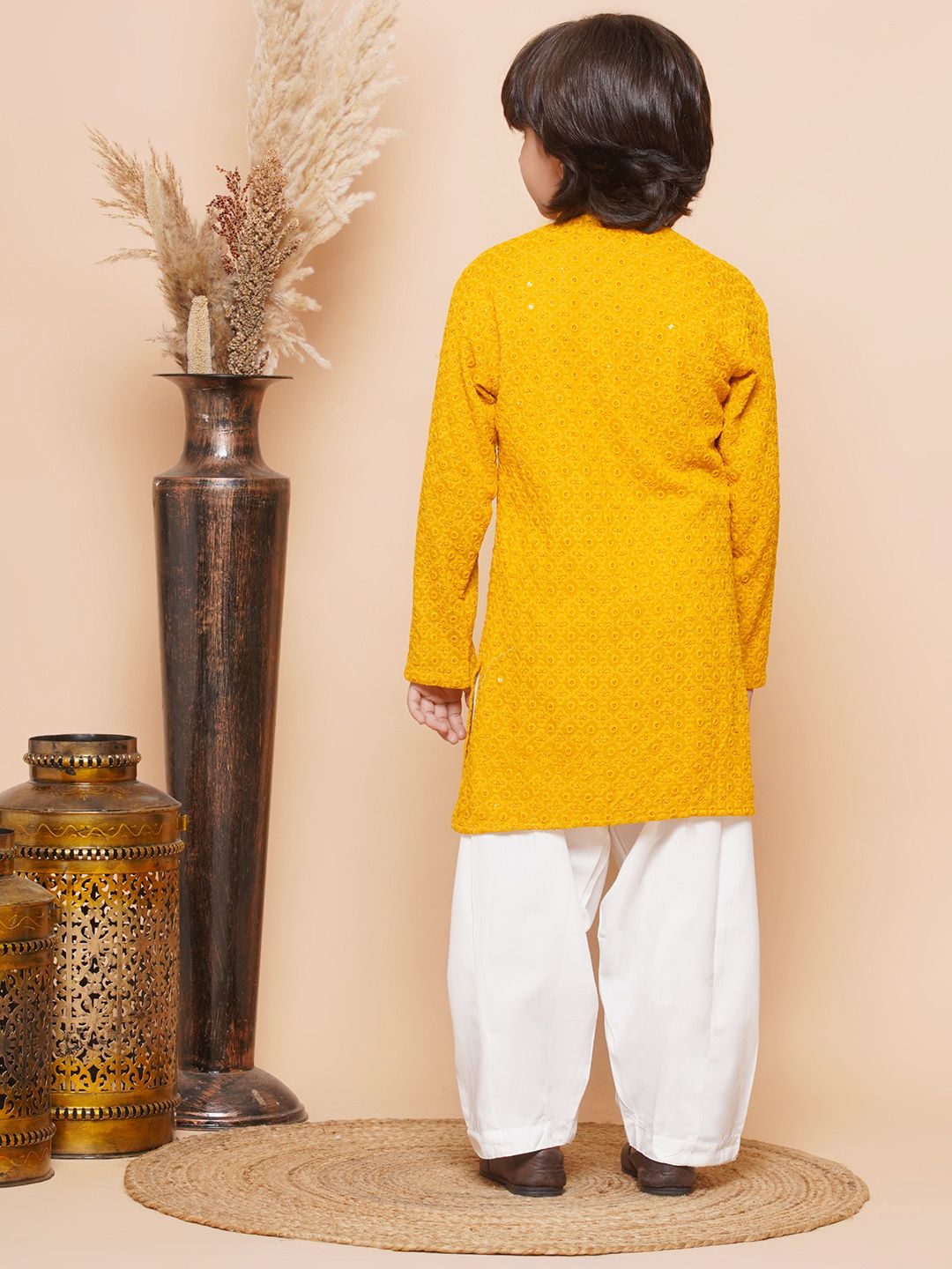 Yellow Sequence Embroidery Cotton Blend Kurta Pyjama With Maroon Dupatta Set For Boys