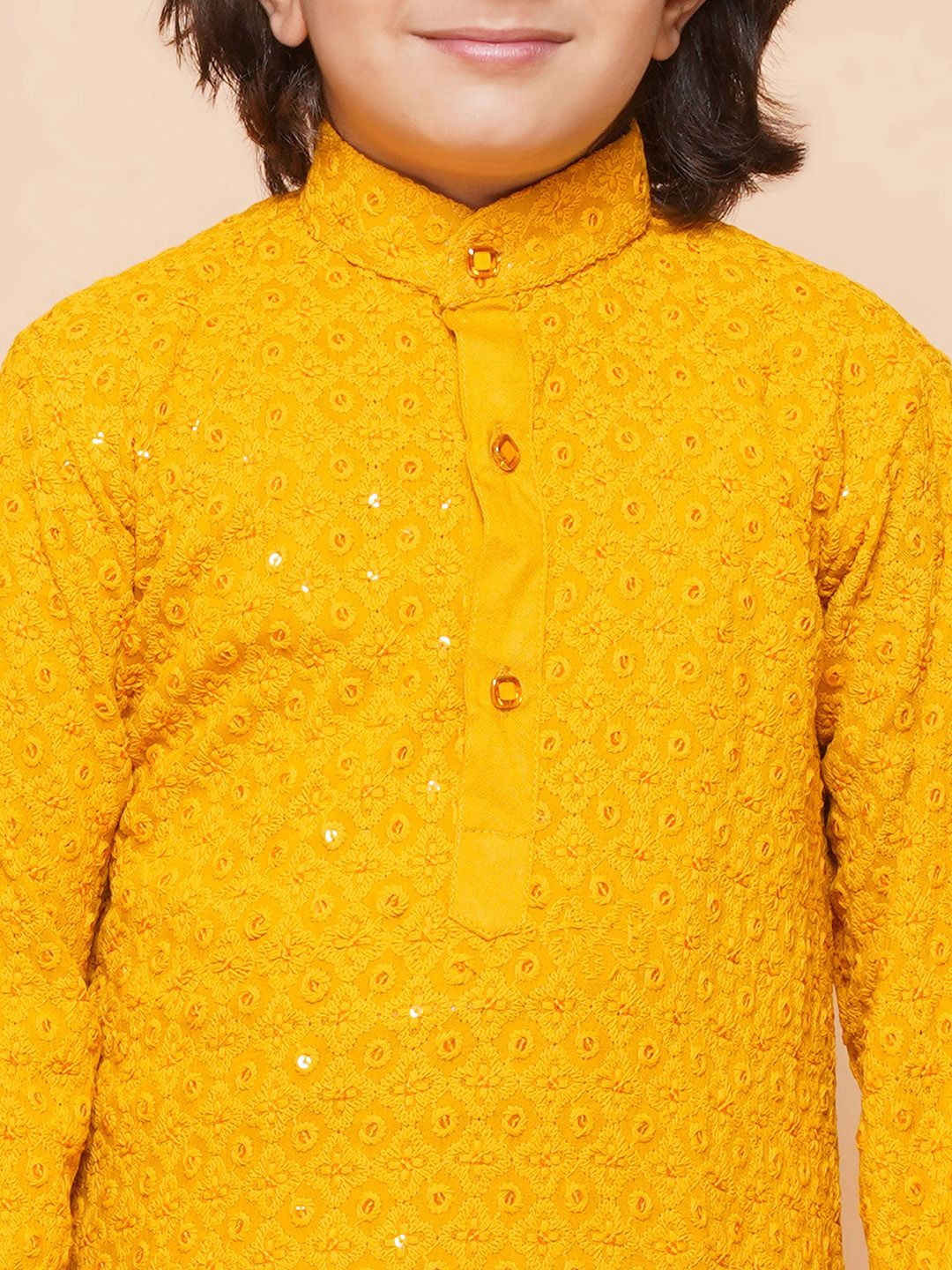 Yellow Sequence Embroidery Cotton Blend Kurta Pyjama With Maroon Dupatta Set For Boys