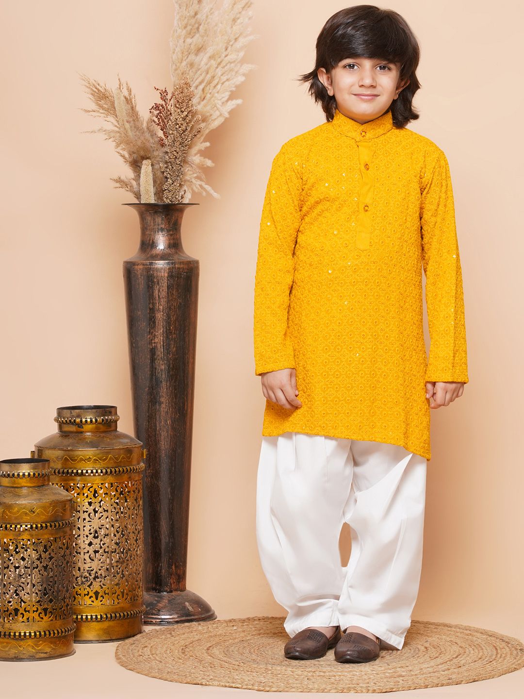 Yellow Sequence Embroidery Cotton Blend Kurta Pyjama With Maroon Dupatta Set For Boys