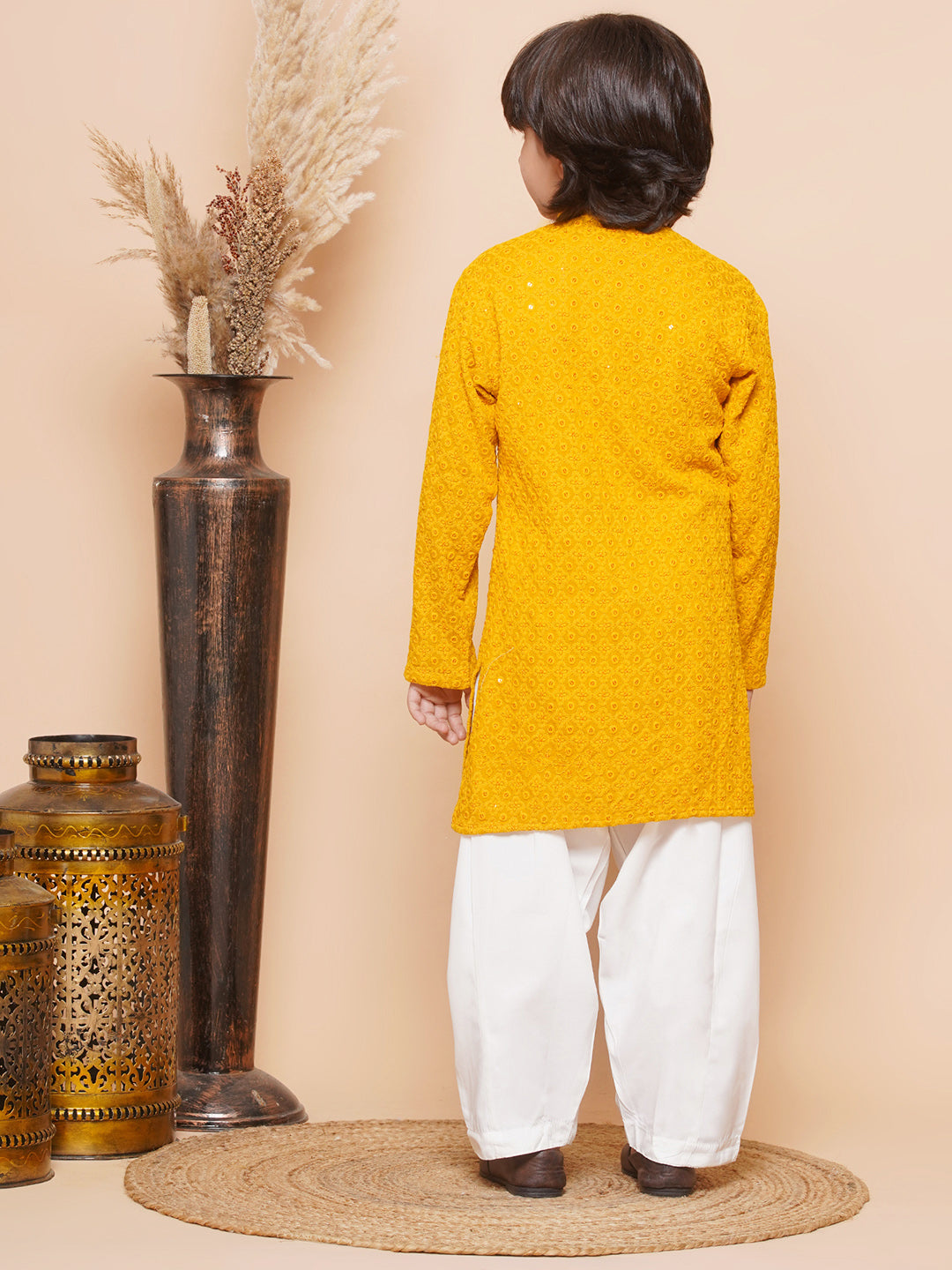 Kids Boys Yellow Embroidered Schiffli Kurta Pyjama Set - AJ Dezines