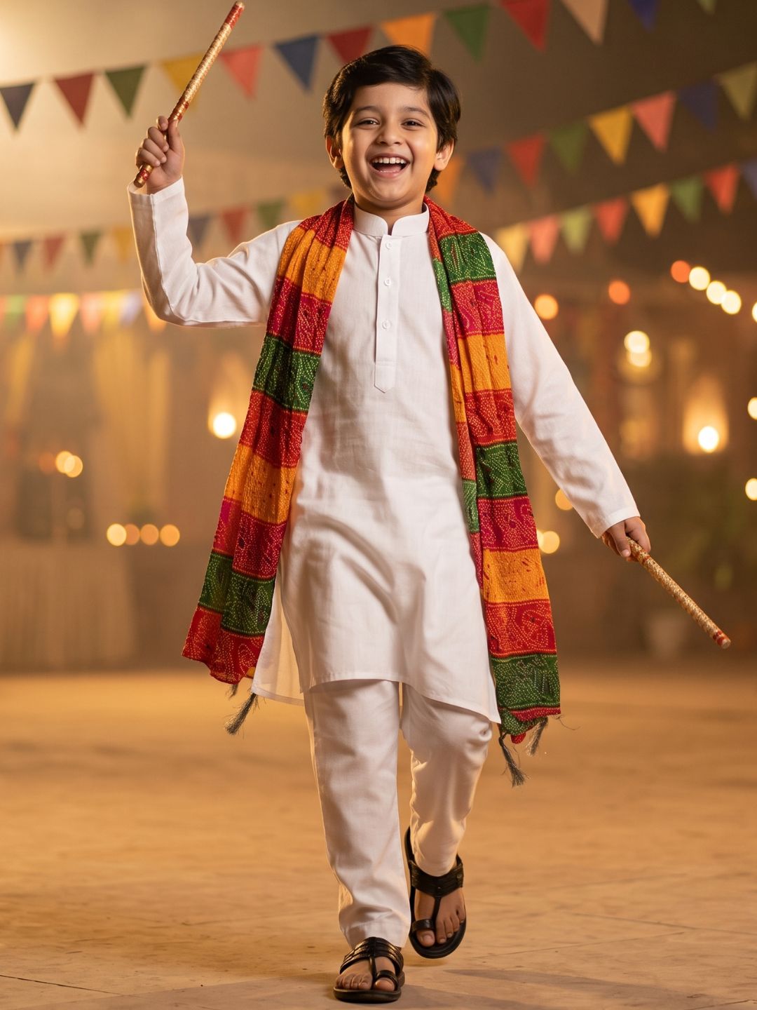 White Solid Pure Cotton Kurta Pyjama With Multicolor Dupatta Set For Boys