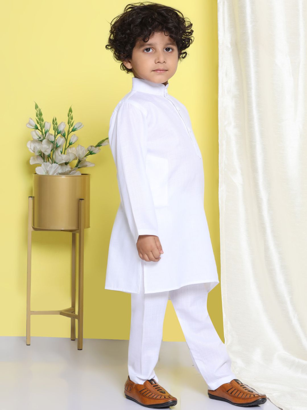 White Solid Pure Cotton Kurta Pyjama With Multicolor Dupatta Set For Boys
