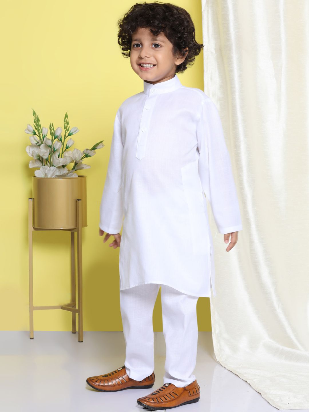 White Solid Pure Cotton Kurta Pyjama With Multicolor Dupatta Set For Boys