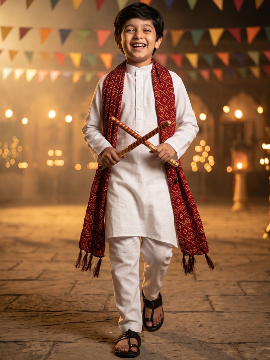 White Solid Pure Cotton Kurta Pyjama With Maroon Dupatta Set For Boys