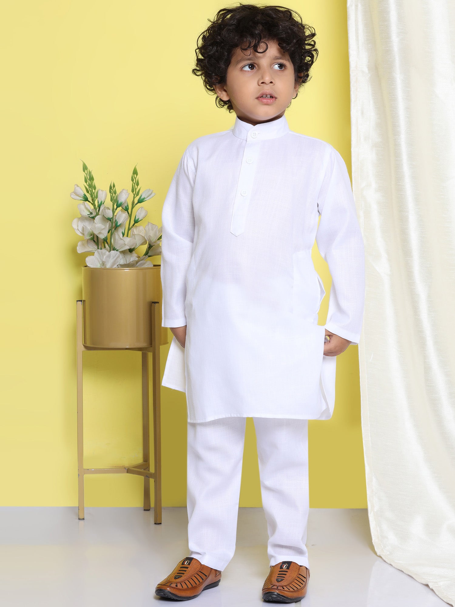 Kids Holi Boys White Solid Cotton Kurta Pyjama Set - AJ Dezines