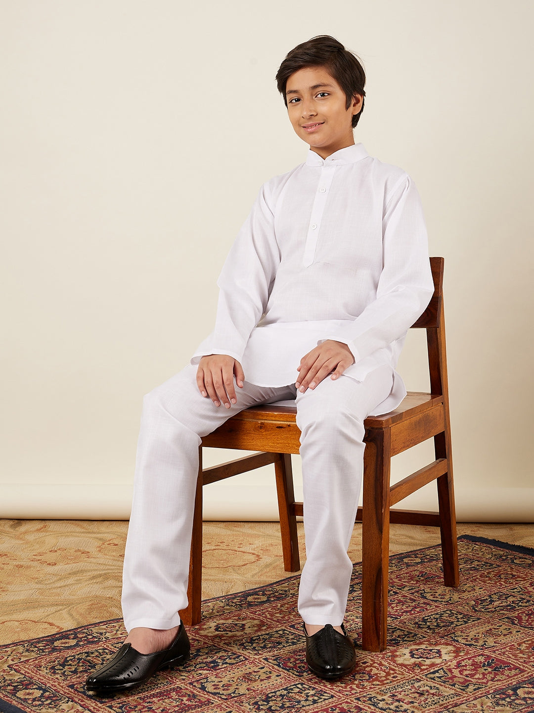 Kids Holi Boys White Solid Cotton Kurta Pyjama Set - AJ Dezines