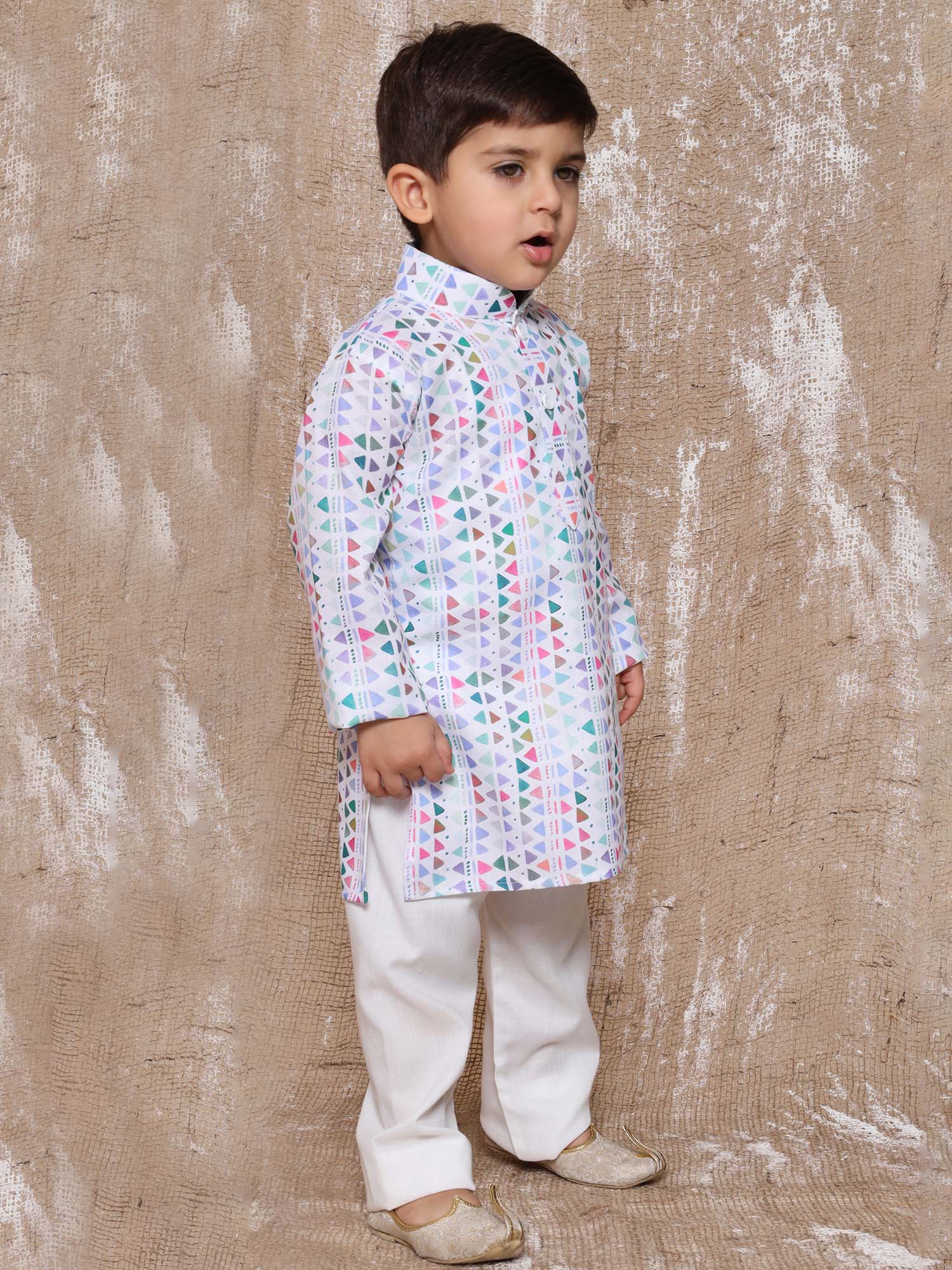 Kids Boys Blue Geometric Print Cotton Kurta Pyjama Set - AJ Dezines