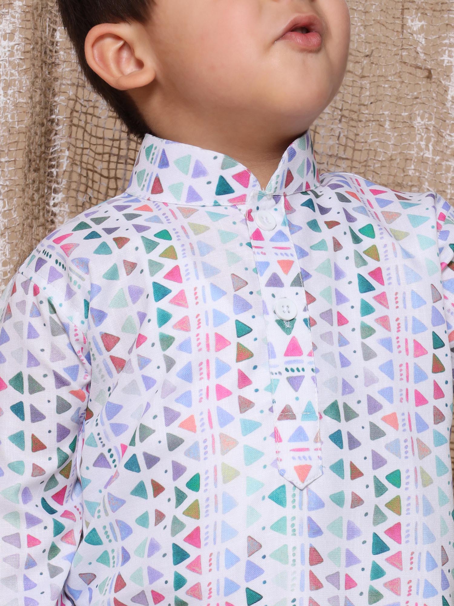 Kids Boys Blue Geometric Print Cotton Kurta Pyjama Set - AJ Dezines