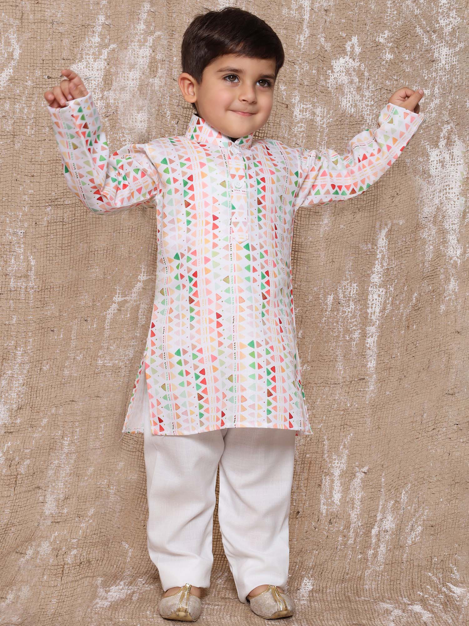 Kids Boys Peach Geometric Print Cotton Kurta Pyjama Set - AJ Dezines