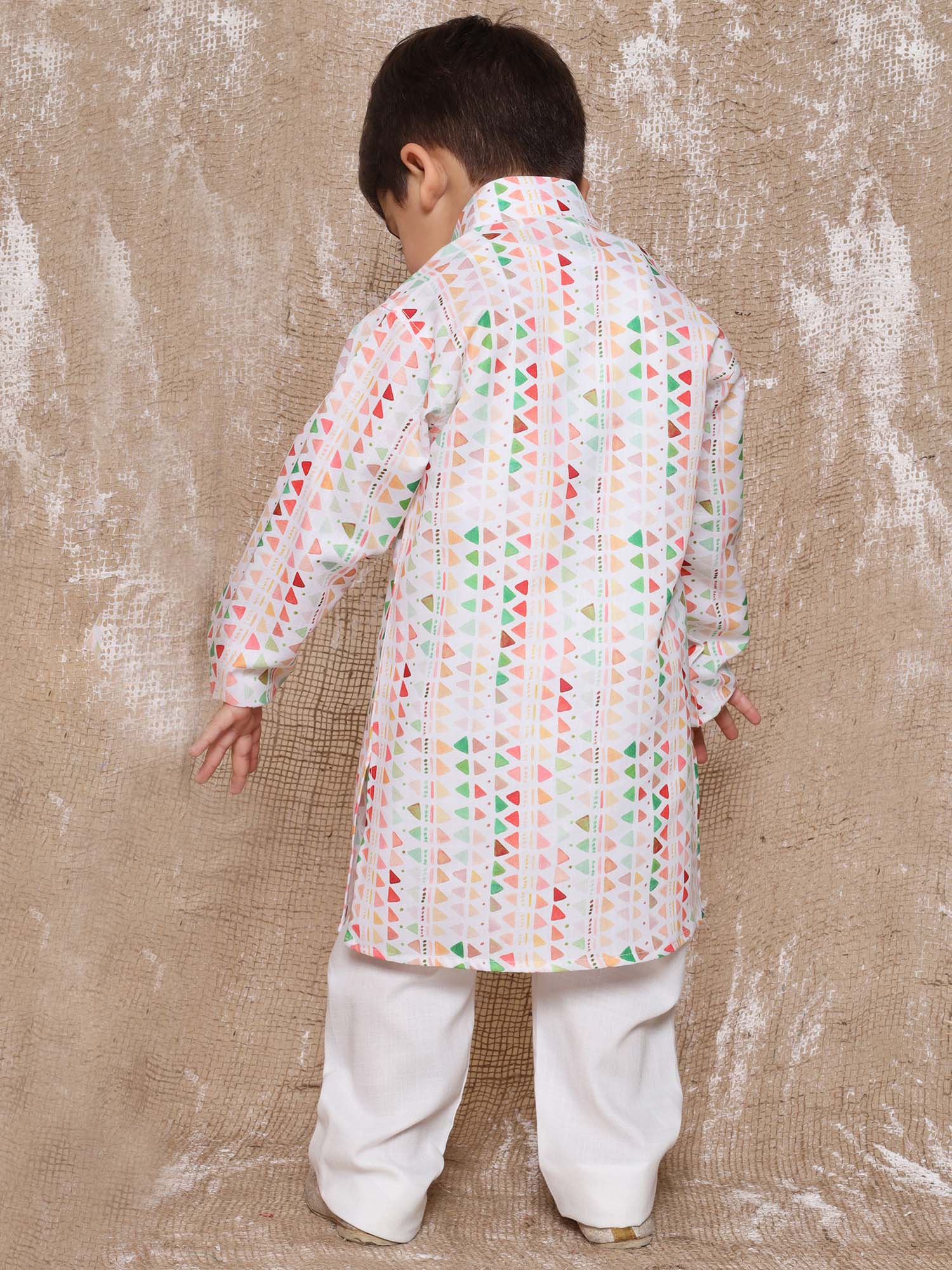Kids Boys Peach Geometric Print Cotton Kurta Pyjama Set - AJ Dezines