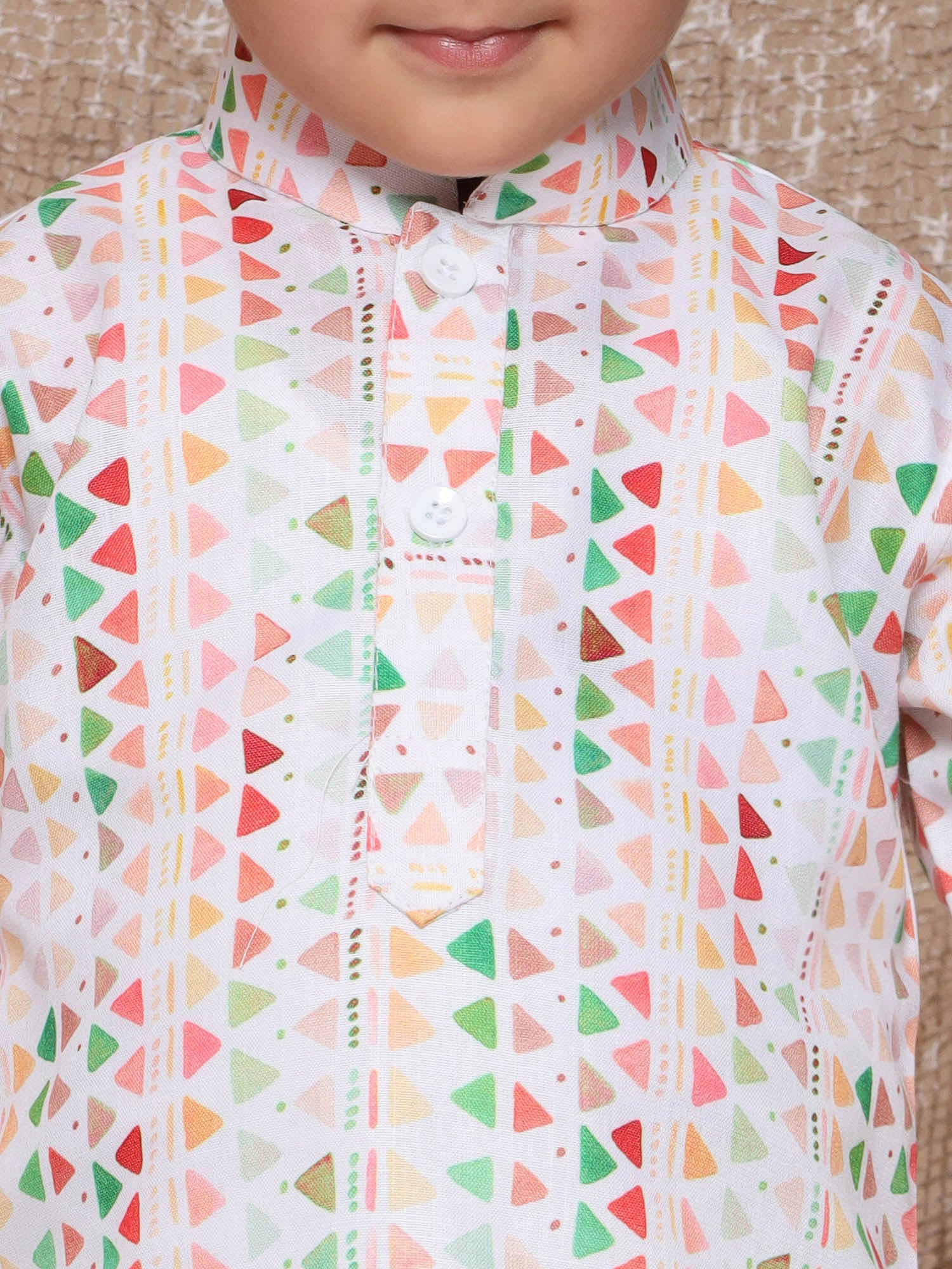 Kids Boys Peach Geometric Print Cotton Kurta Pyjama Set - AJ Dezines
