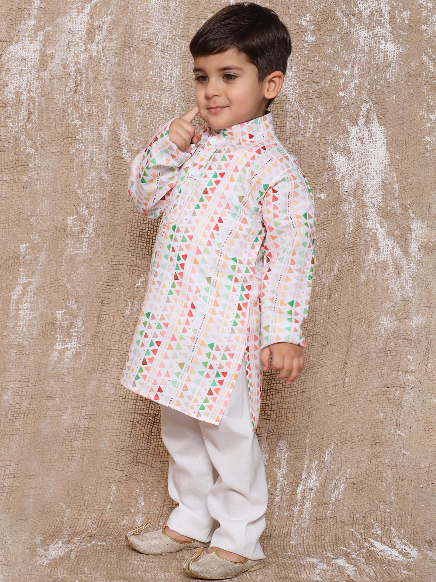 Kids Boys Peach Geometric Print Cotton Kurta Pyjama Set - AJ Dezines
