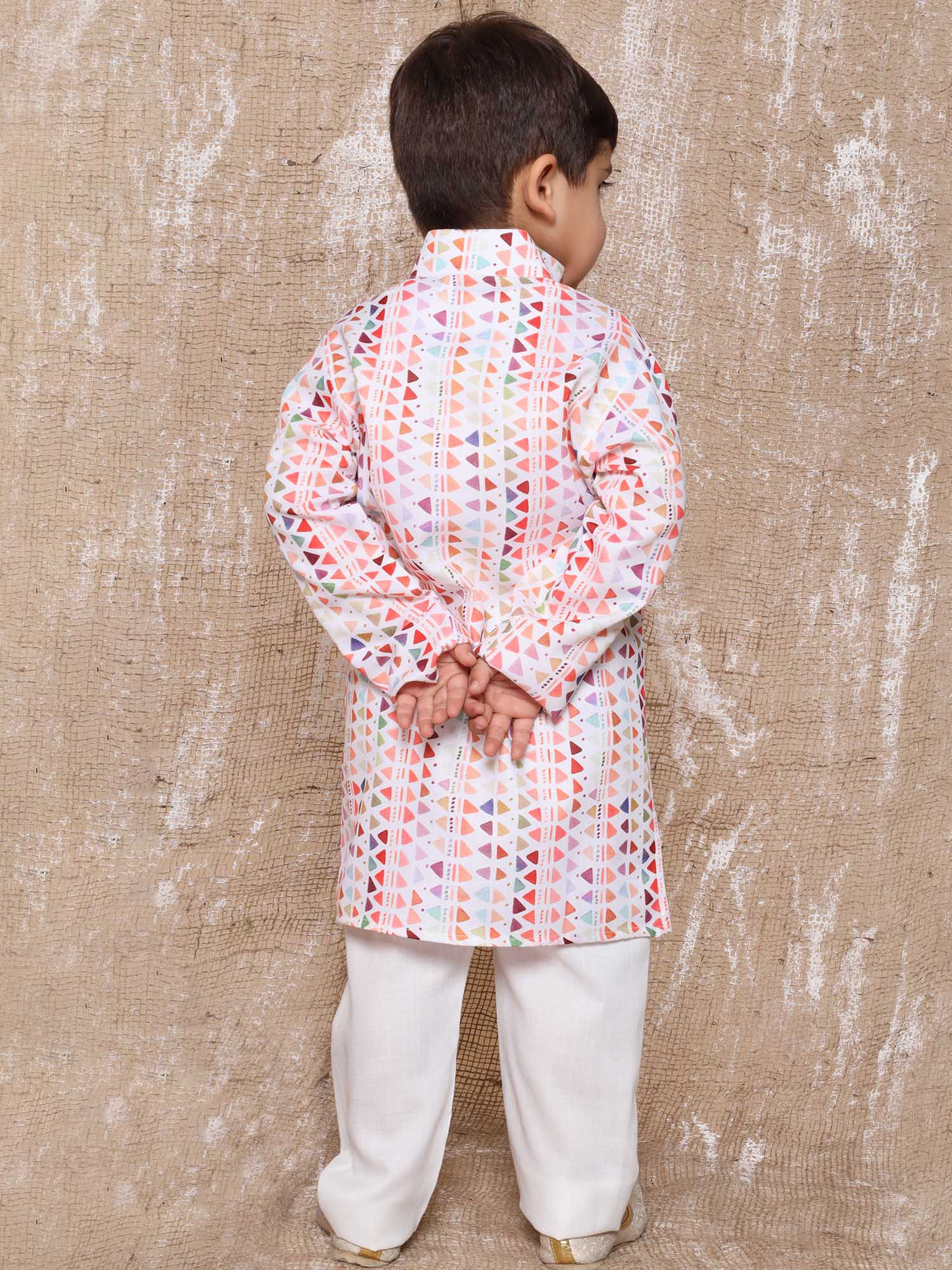 Kids Boys Red Geometric Print Cotton Kurta Pyjama Set - AJ Dezines