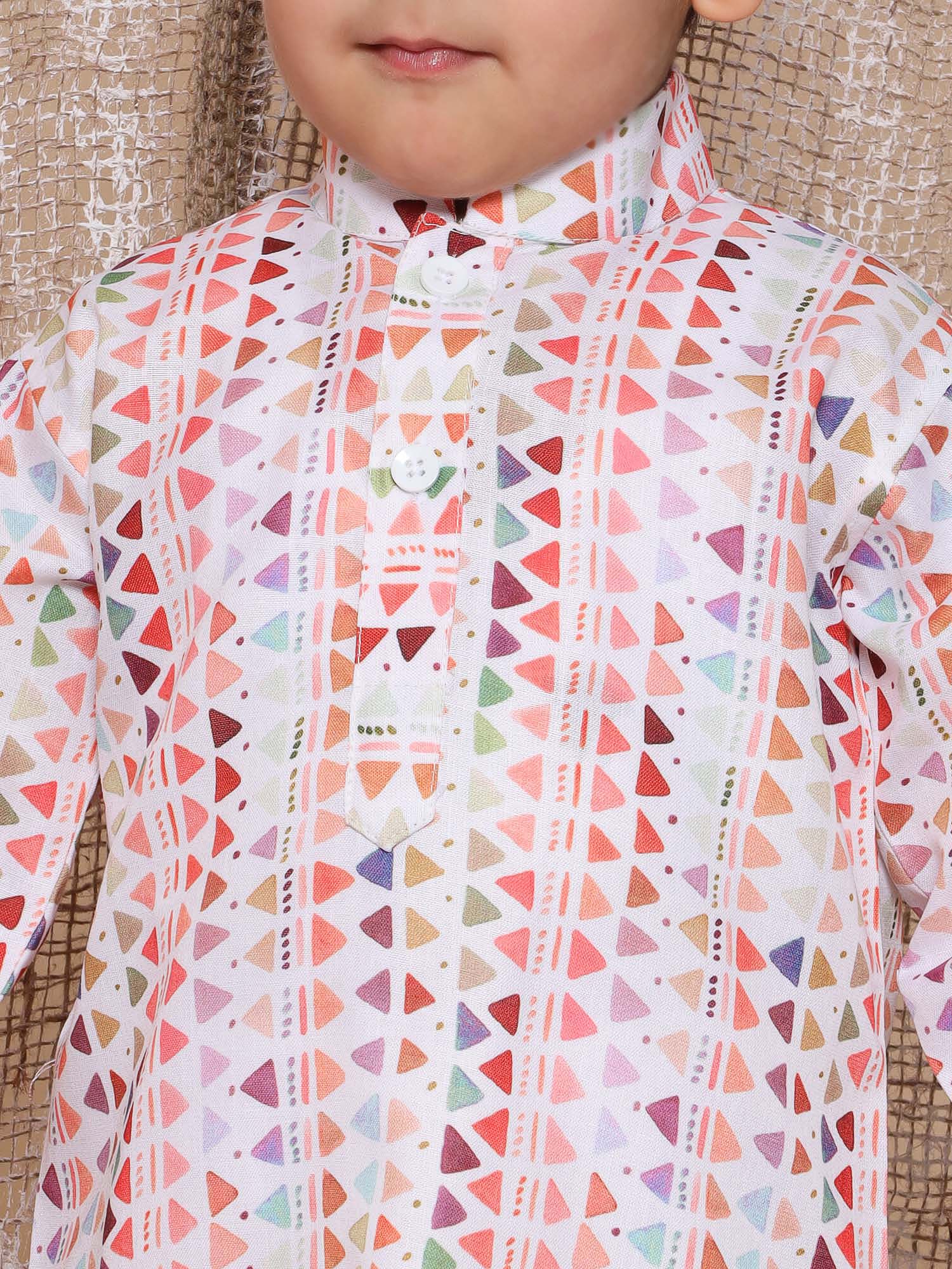 Kids Boys Red Geometric Print Cotton Kurta Pyjama Set - AJ Dezines