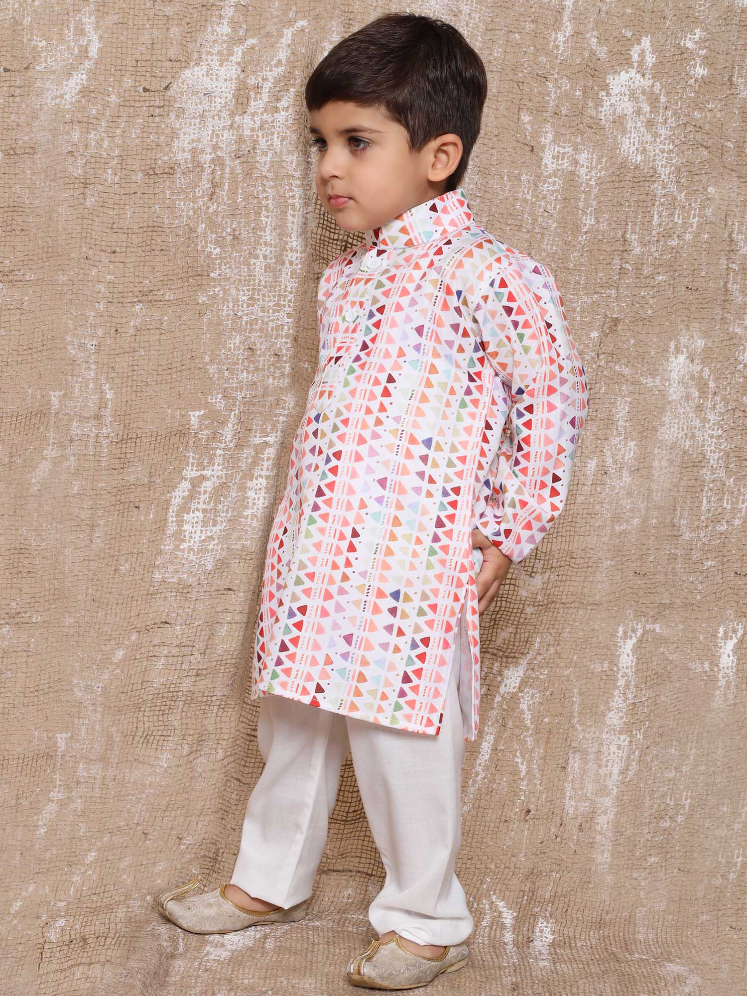 Kids Boys Red Geometric Print Cotton Kurta Pyjama Set - AJ Dezines