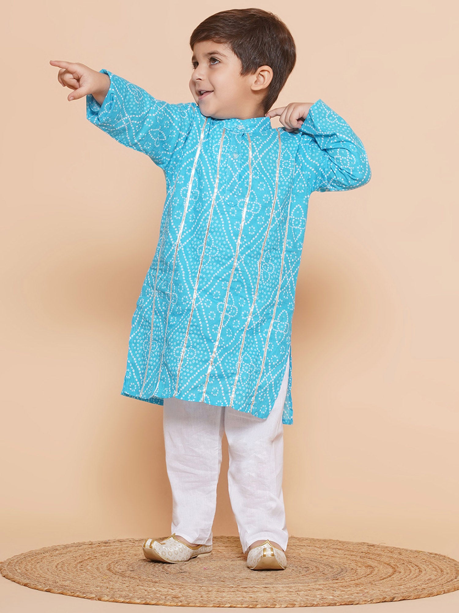 Kids Boys Blue Bandhani Print Cotton Kurta Pyjama Set - AJ Dezines