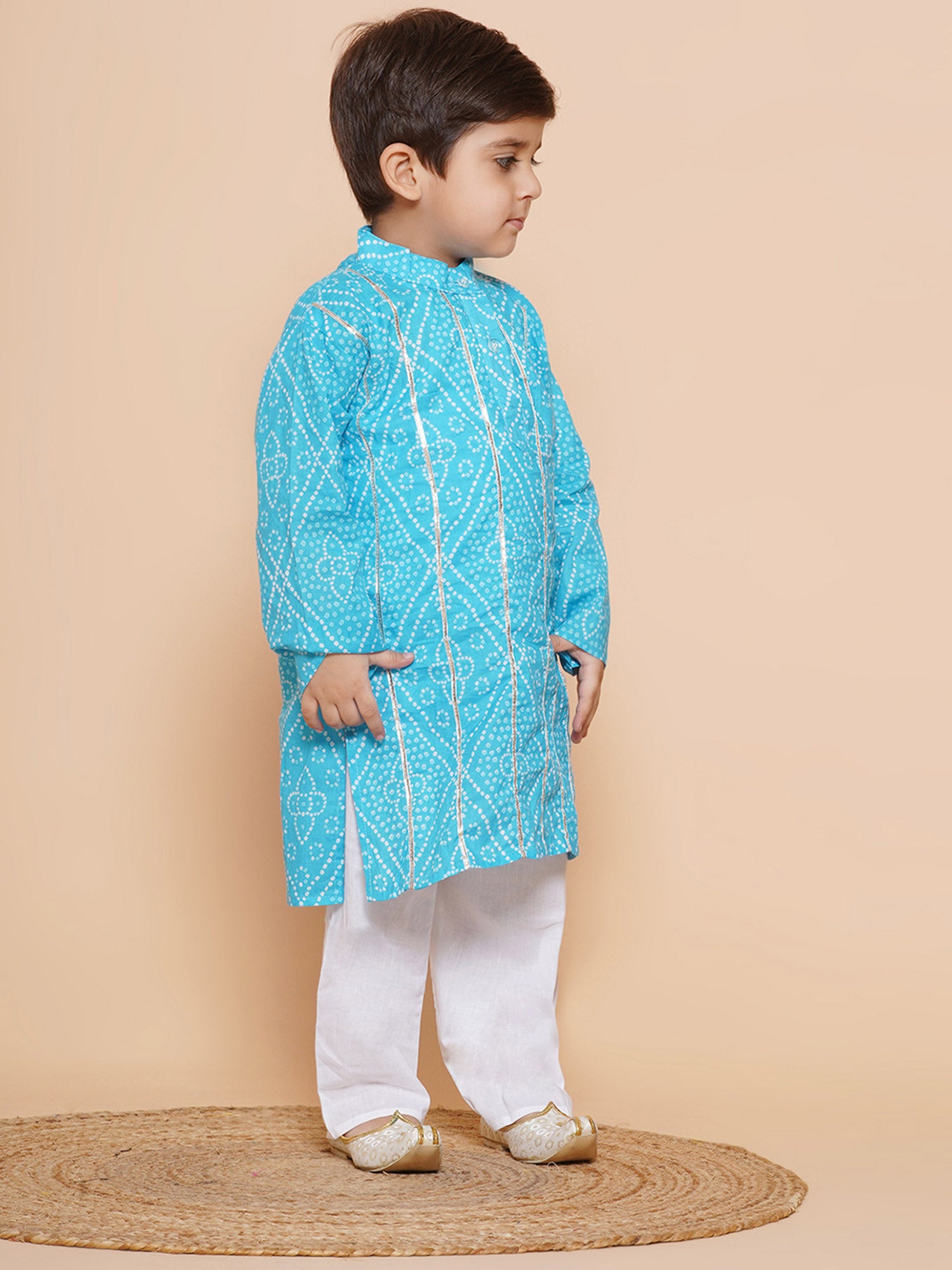 Kids Boys Blue Bandhani Print Cotton Kurta Pyjama Set - AJ Dezines
