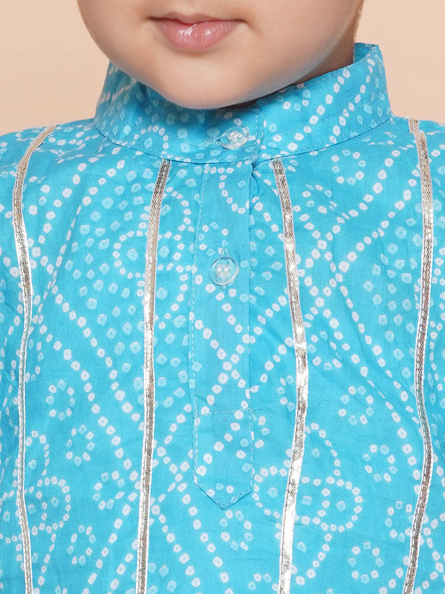 Kids Boys Blue Bandhani Print Cotton Kurta Pyjama Set - AJ Dezines