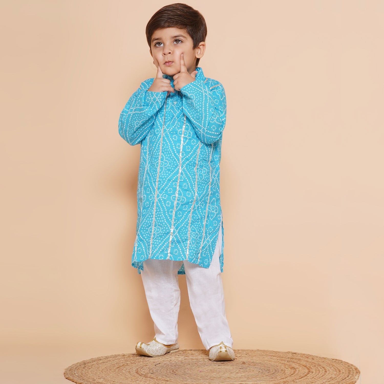 Boys Bandhani Pure Cotton Kurta Pyjamas and Girls Lehenga Sibling sets-Blue - AJ Dezines