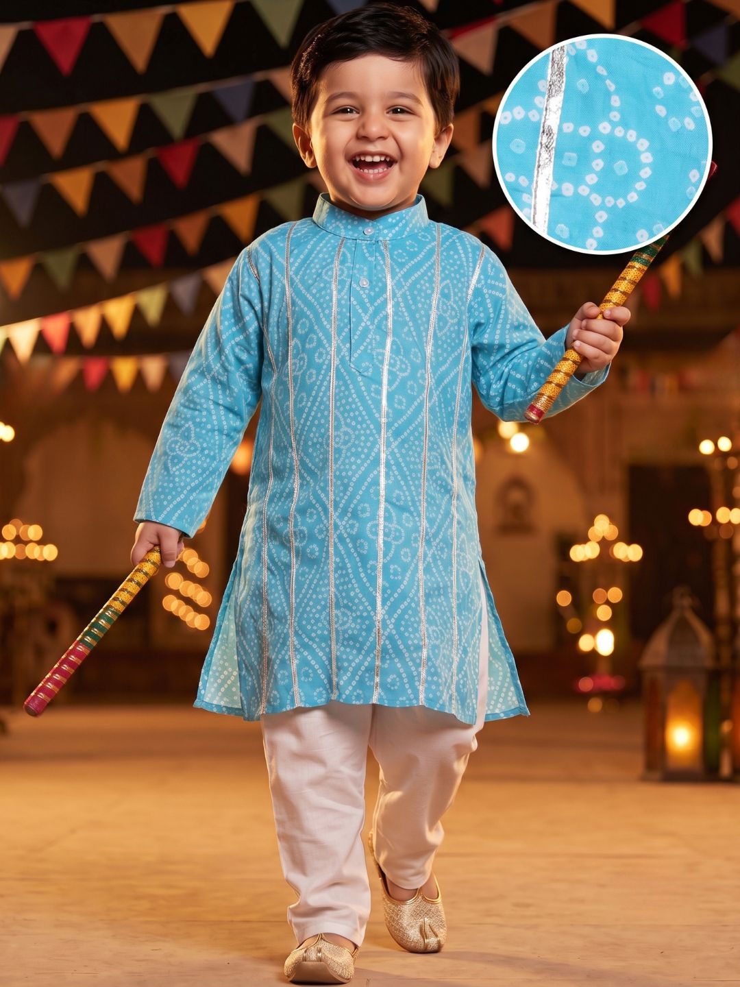 Kids Boys Blue Bandhani Print Cotton Kurta Pyjama Set