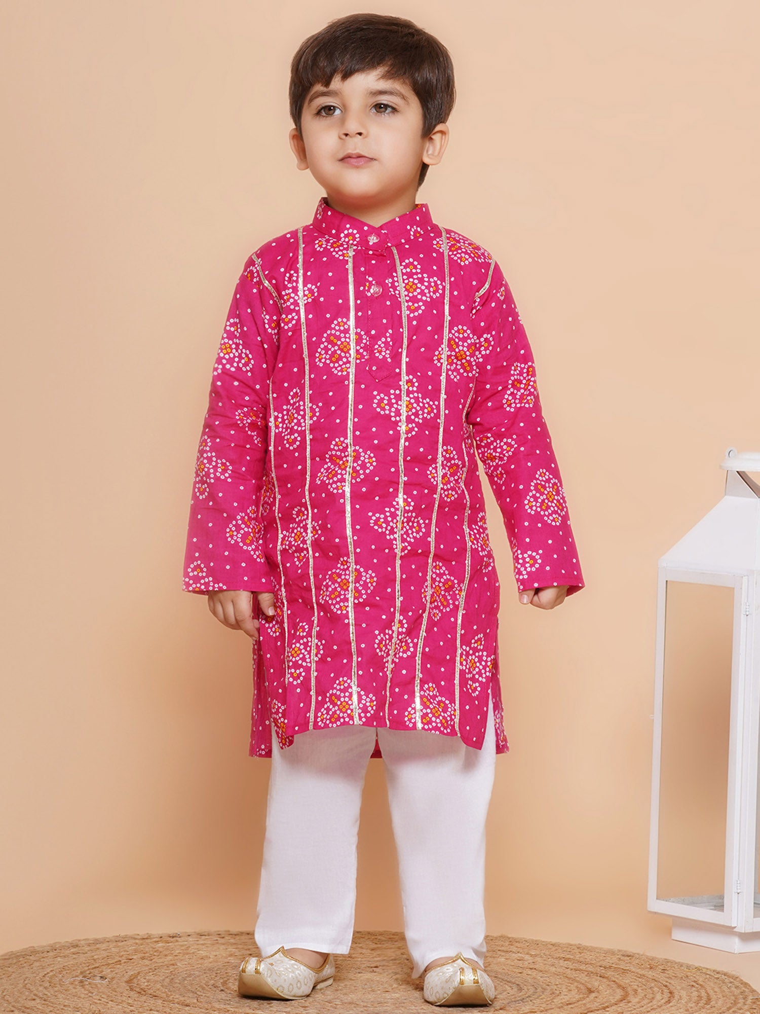 Kids Boys Pink Bandhani Print Cotton Kurta Pyjama Set - AJ Dezines