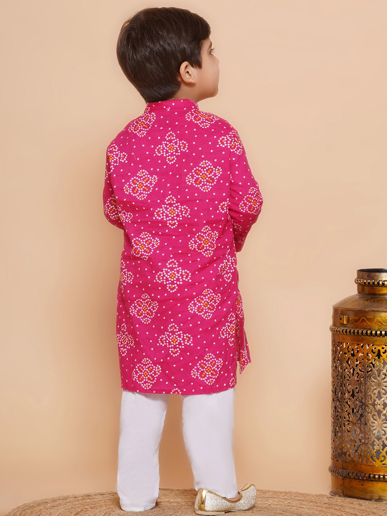 Kids Boys Pink Bandhani Print Cotton Kurta Pyjama Set - AJ Dezines