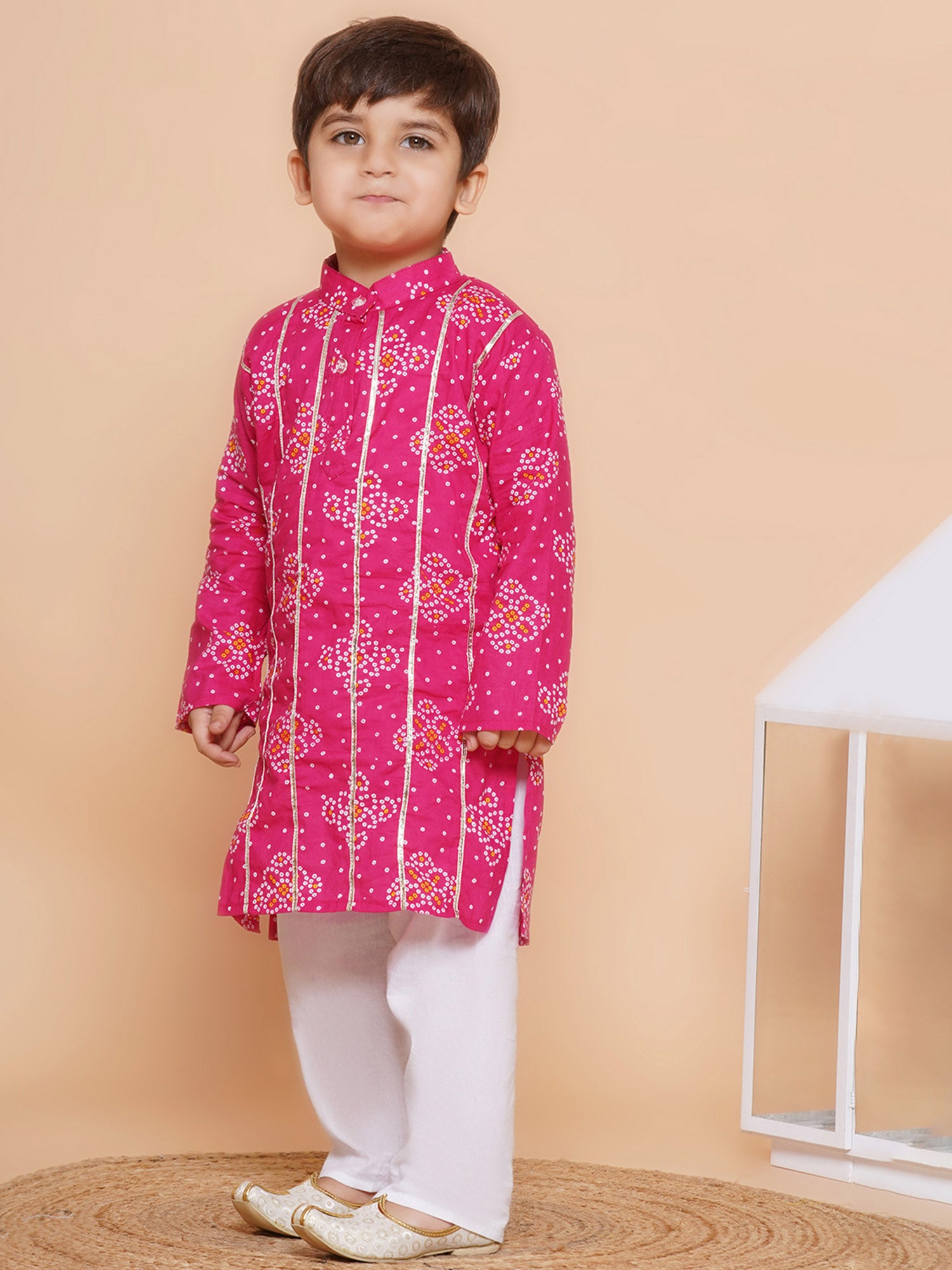 Kids Boys Pink Bandhani Print Cotton Kurta Pyjama Set - AJ Dezines