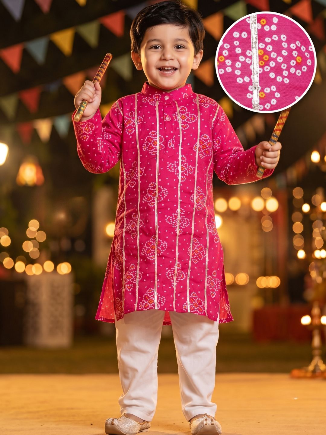 Kids Boys Pink Bandhani Print Cotton Kurta Pyjama Set