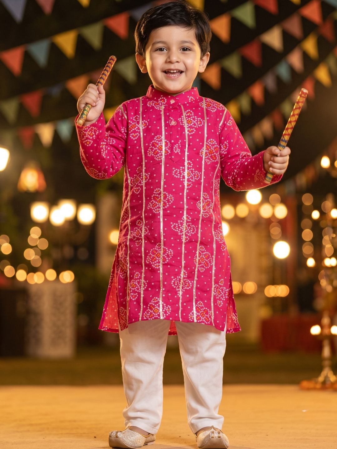 Kids Boys Pink Bandhani Print Cotton Kurta Pyjama Set