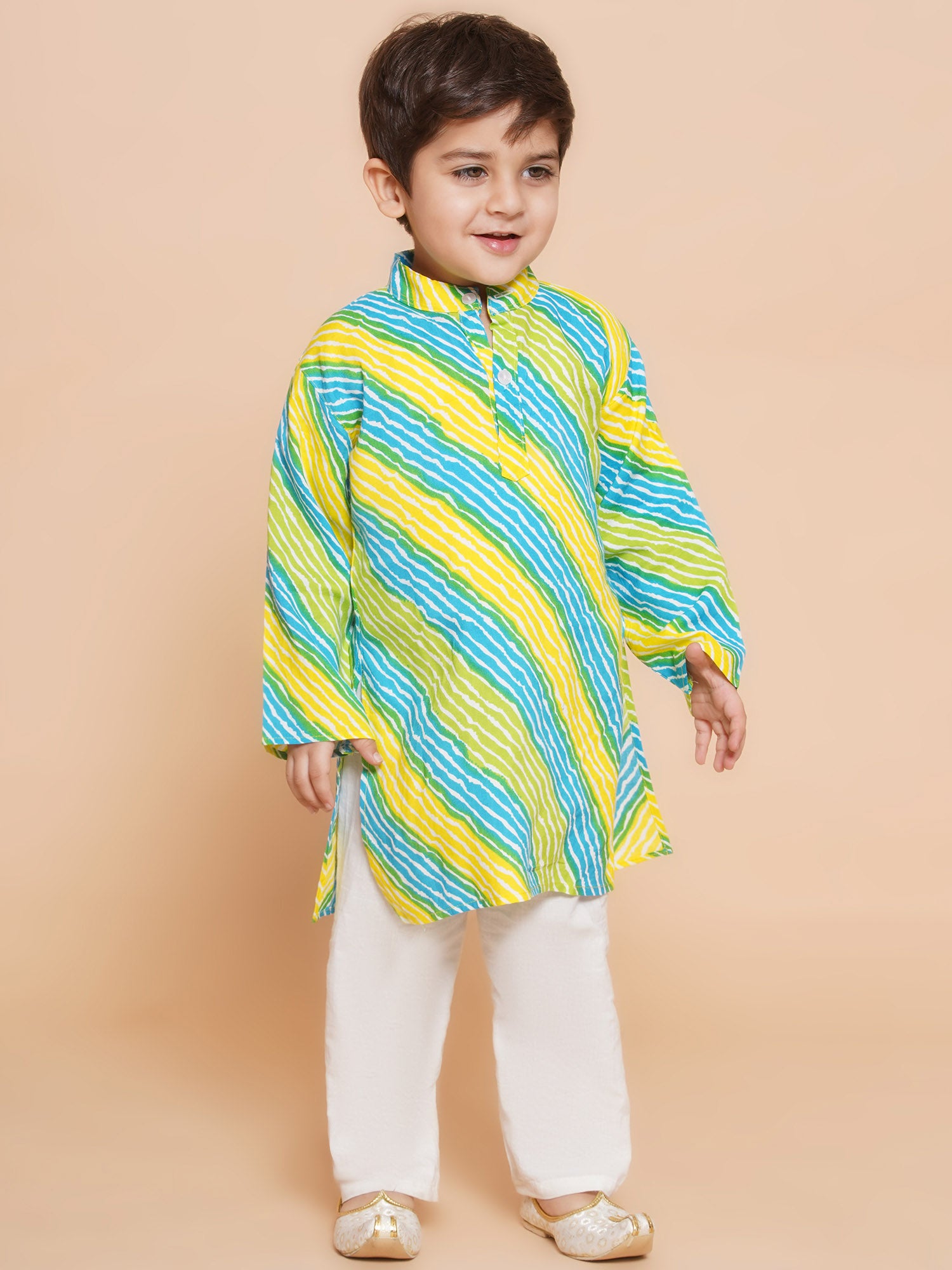 Kids Boys Blue Lehariya Cotton Kurta Pyjama Set - AJ Dezines