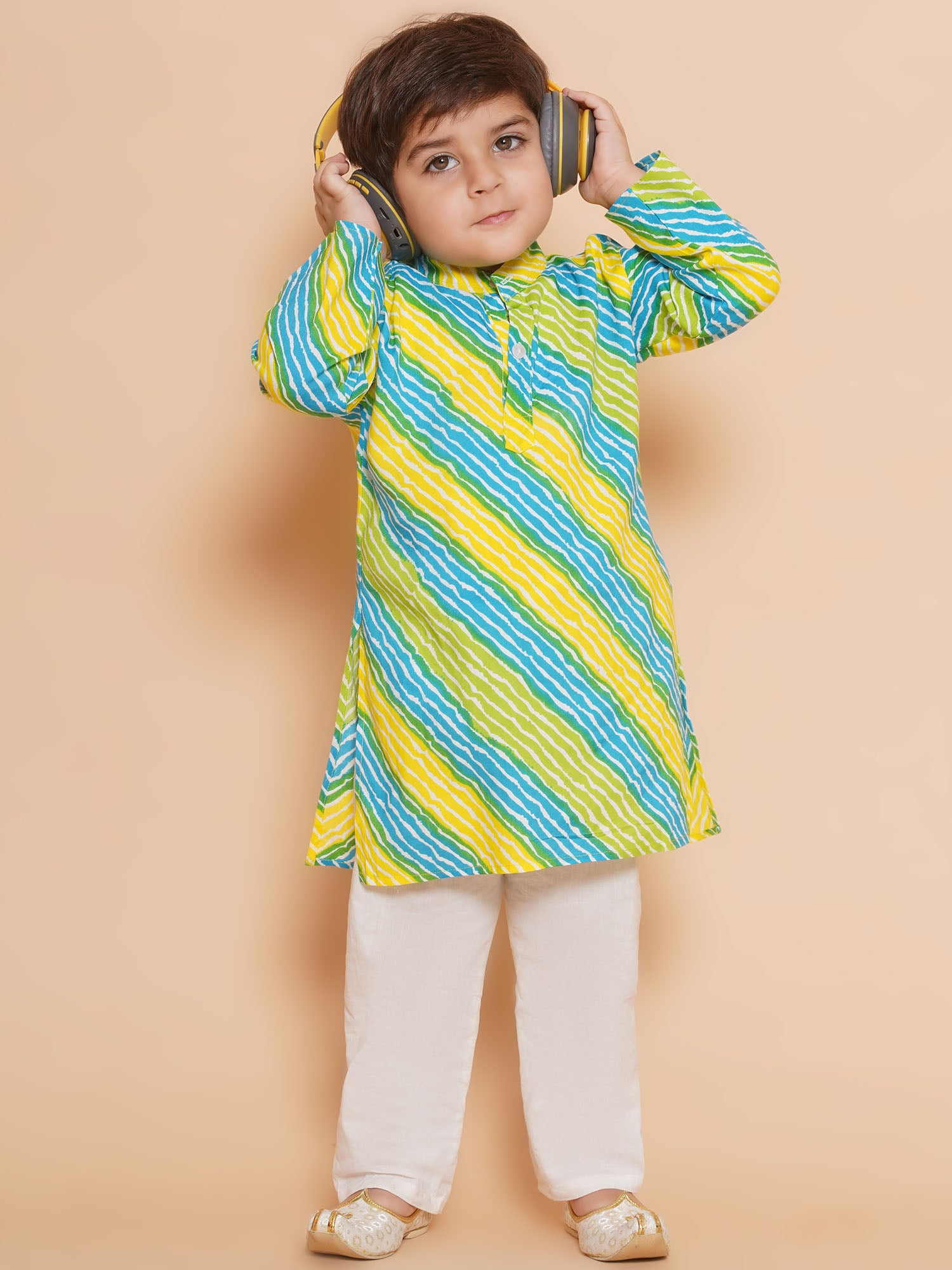 Kids Boys Blue Lehariya Cotton Kurta Pyjama Set - AJ Dezines
