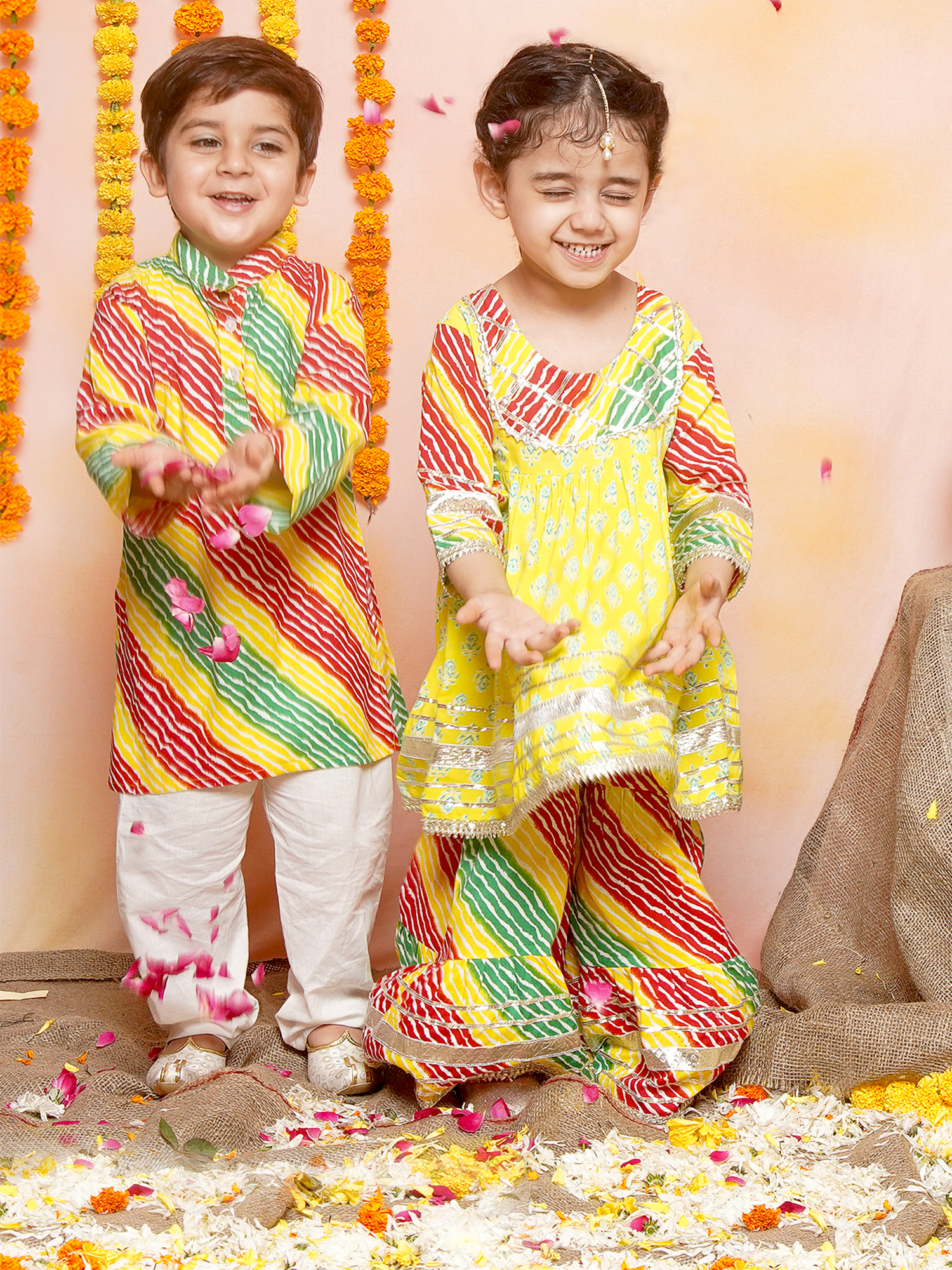 Boys Leheriya Pure Cotton Kurta Pyjamas and Girls Kurta & Sharara Sibling Sets -Red - AJ Dezines