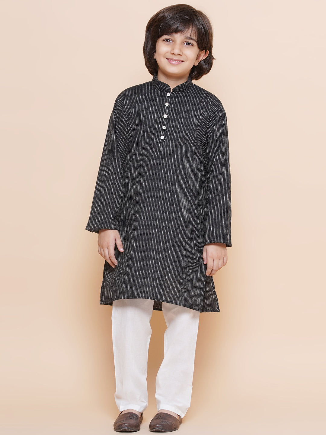 Kids Boys Black Chikankari Cotton Kurta Pyjama Set - AJ Dezines