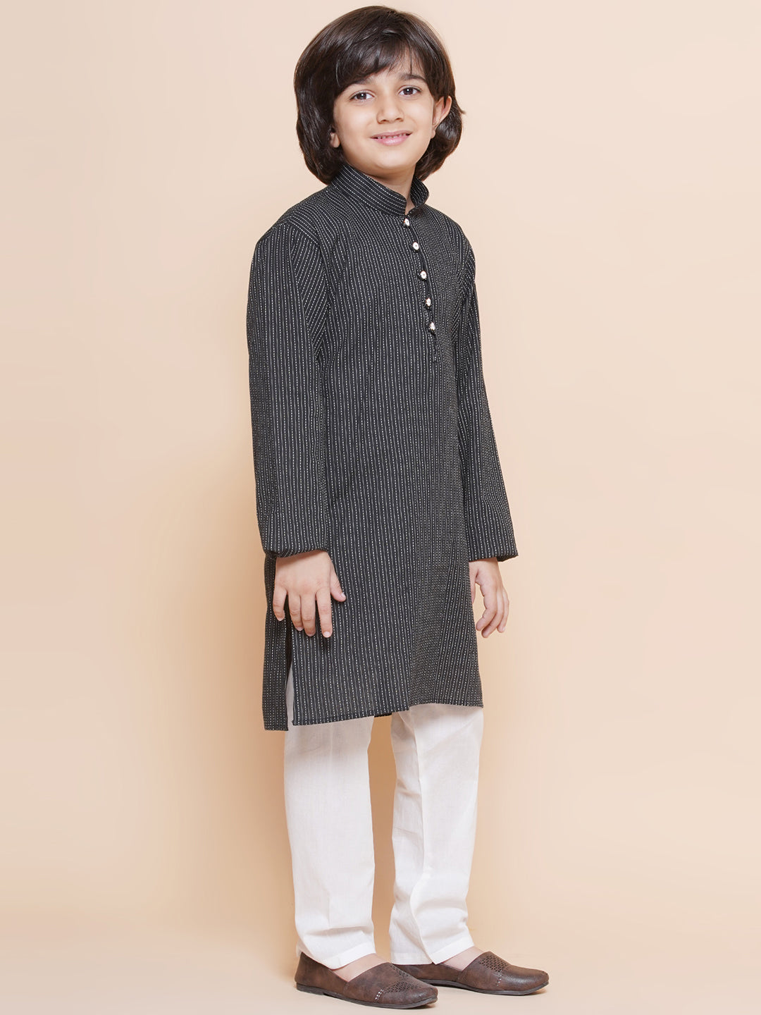 Kids Boys Black Chikankari Cotton Kurta Pyjama Set - AJ Dezines