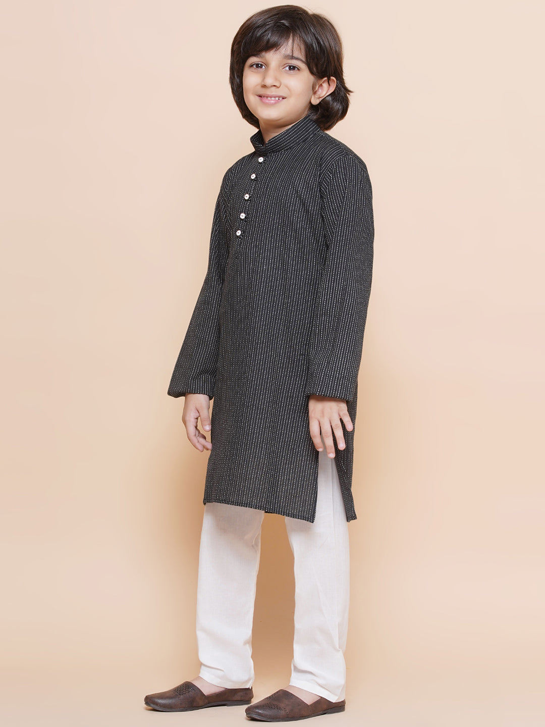 Kids Boys Black Chikankari Cotton Kurta Pyjama Set - AJ Dezines