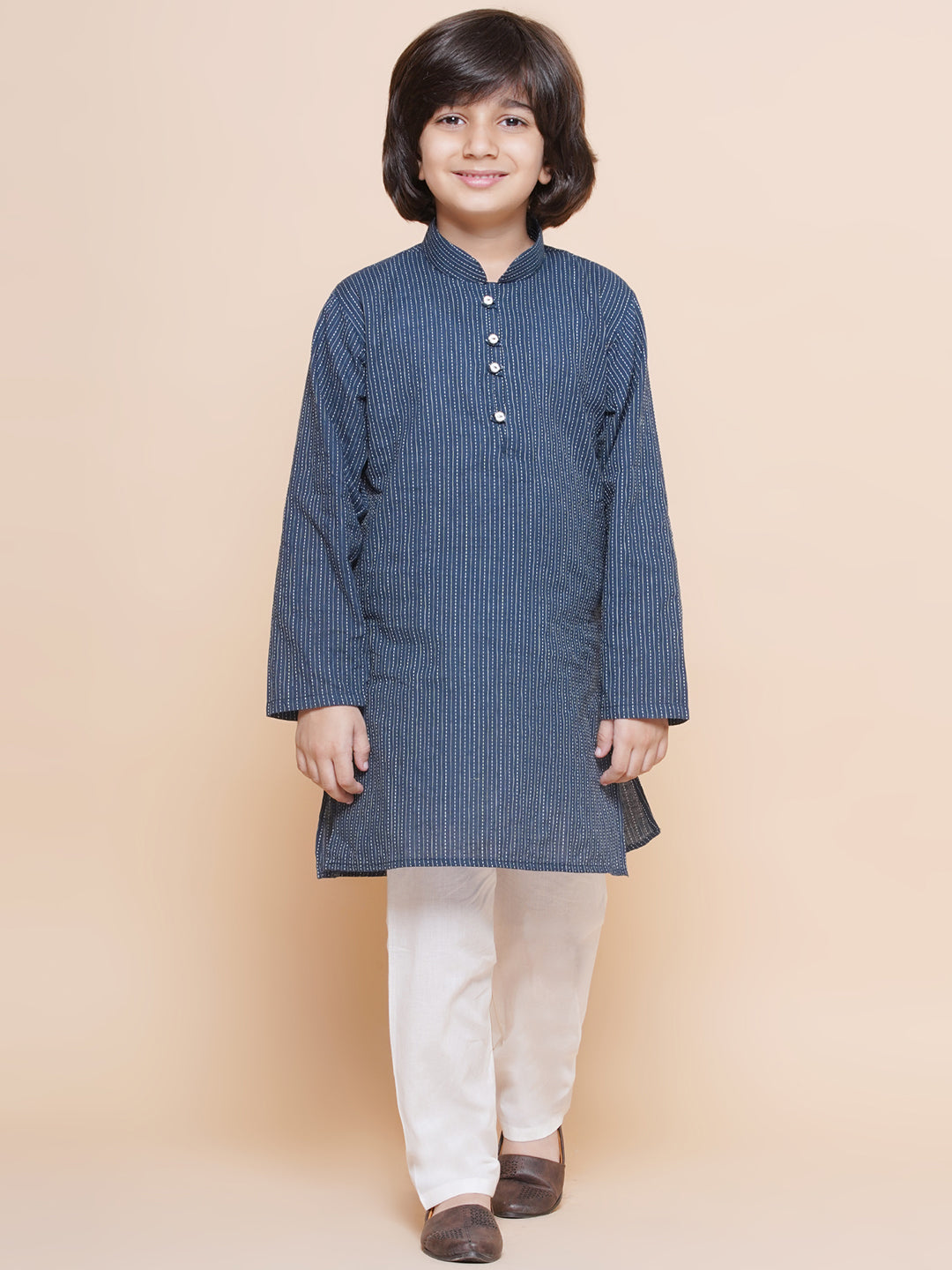 Boys Striped Pure Cotton Kurta Pyjamas & Girls Kurta Dhoti Pants-Sibling Sets -BLUE - AJ Dezines