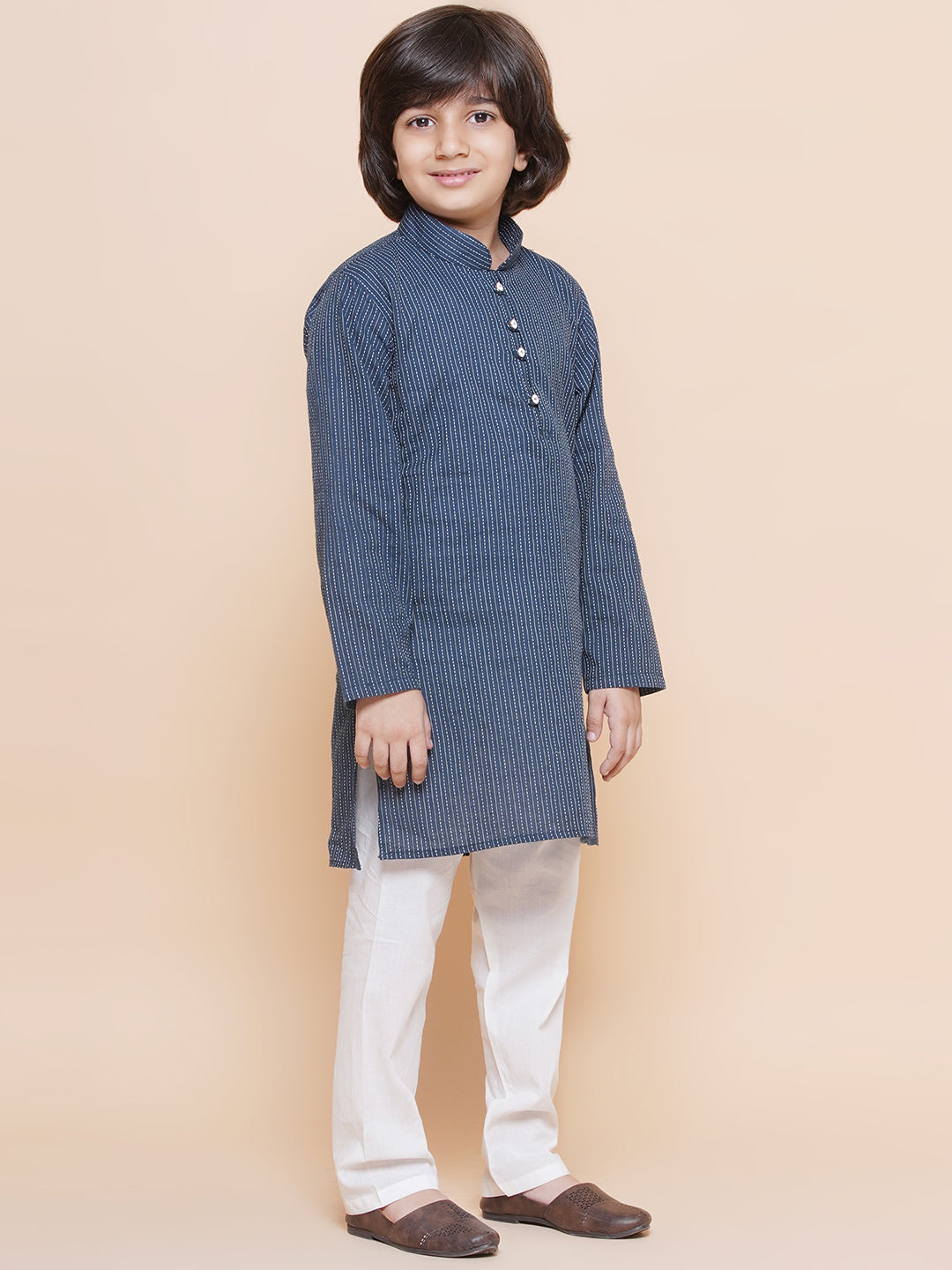 Kids Boys Navy Blue Chikankari Cotton Kurta Pyjama Set - AJ Dezines