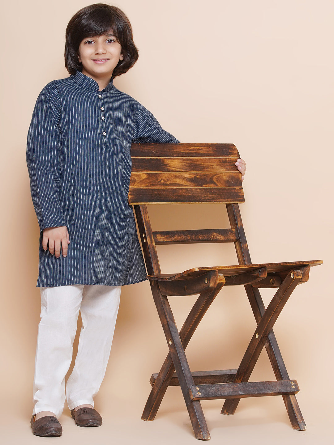 Kids Boys Navy Blue Chikankari Cotton Kurta Pyjama Set - AJ Dezines