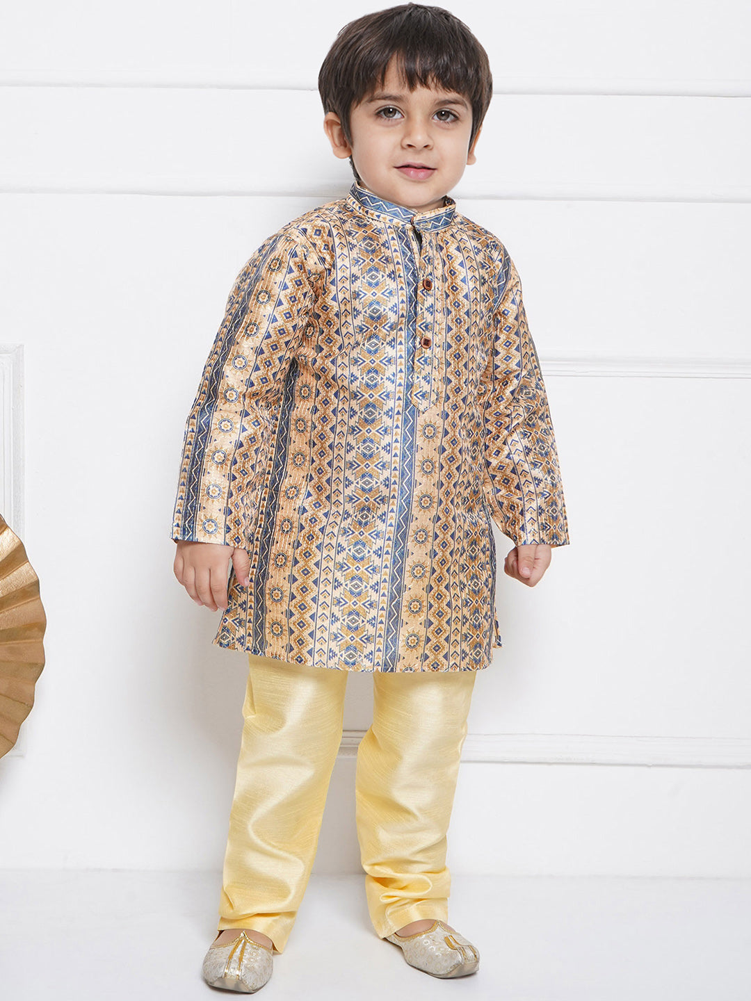 Kids Boys BEIGE Printed Silk Blend Kurta Pyjama Set - AJ Dezines