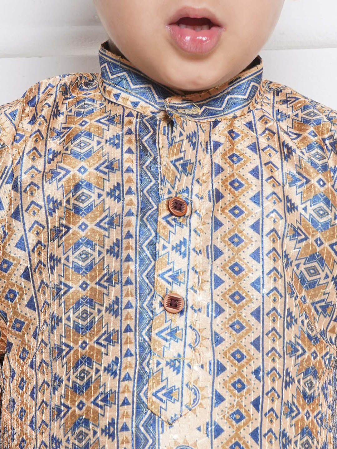 Kids Boys BEIGE Printed Silk Blend Kurta Pyjama Set - AJ Dezines