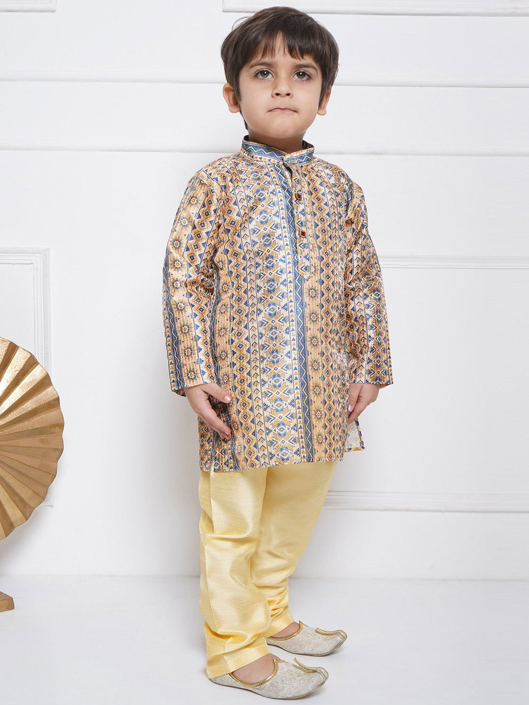 Kids Boys BEIGE Printed Silk Blend Kurta Pyjama Set - AJ Dezines