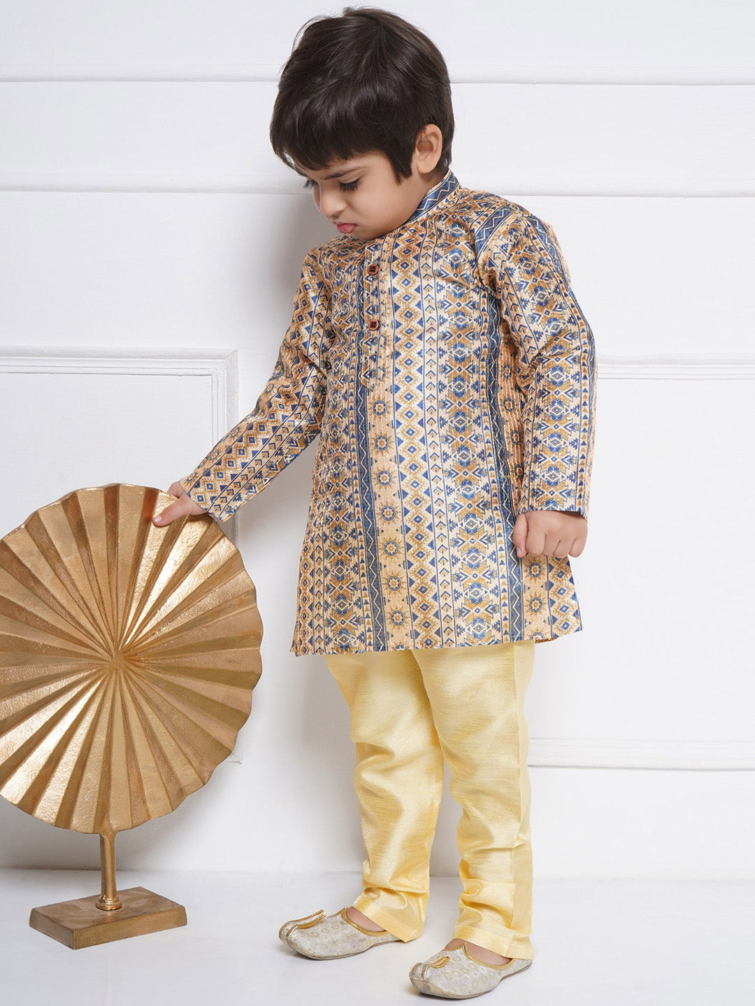 Kids Boys BEIGE Printed Silk Blend Kurta Pyjama Set - AJ Dezines